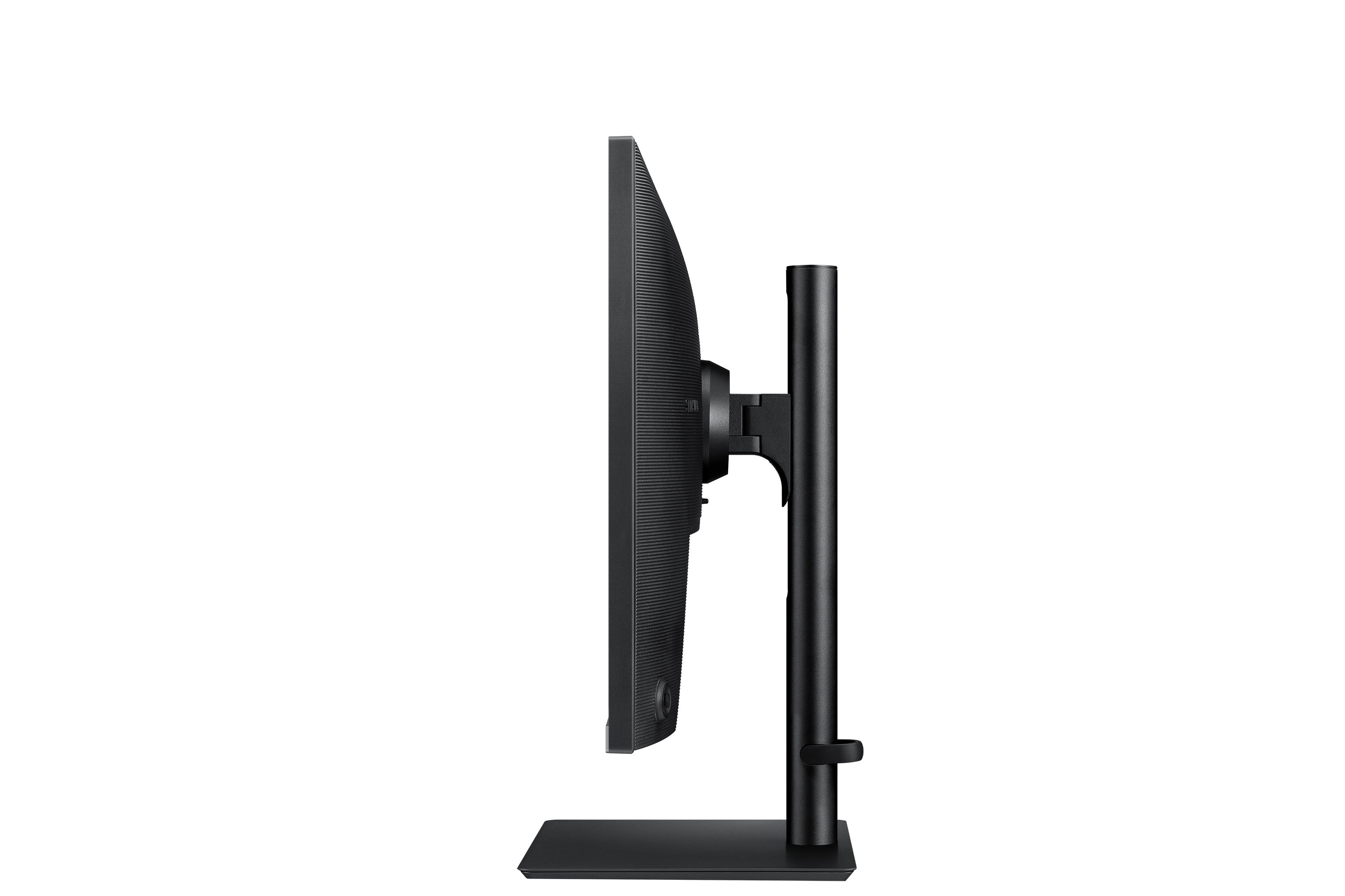 Side view of a black monitor on a stand against a black background.