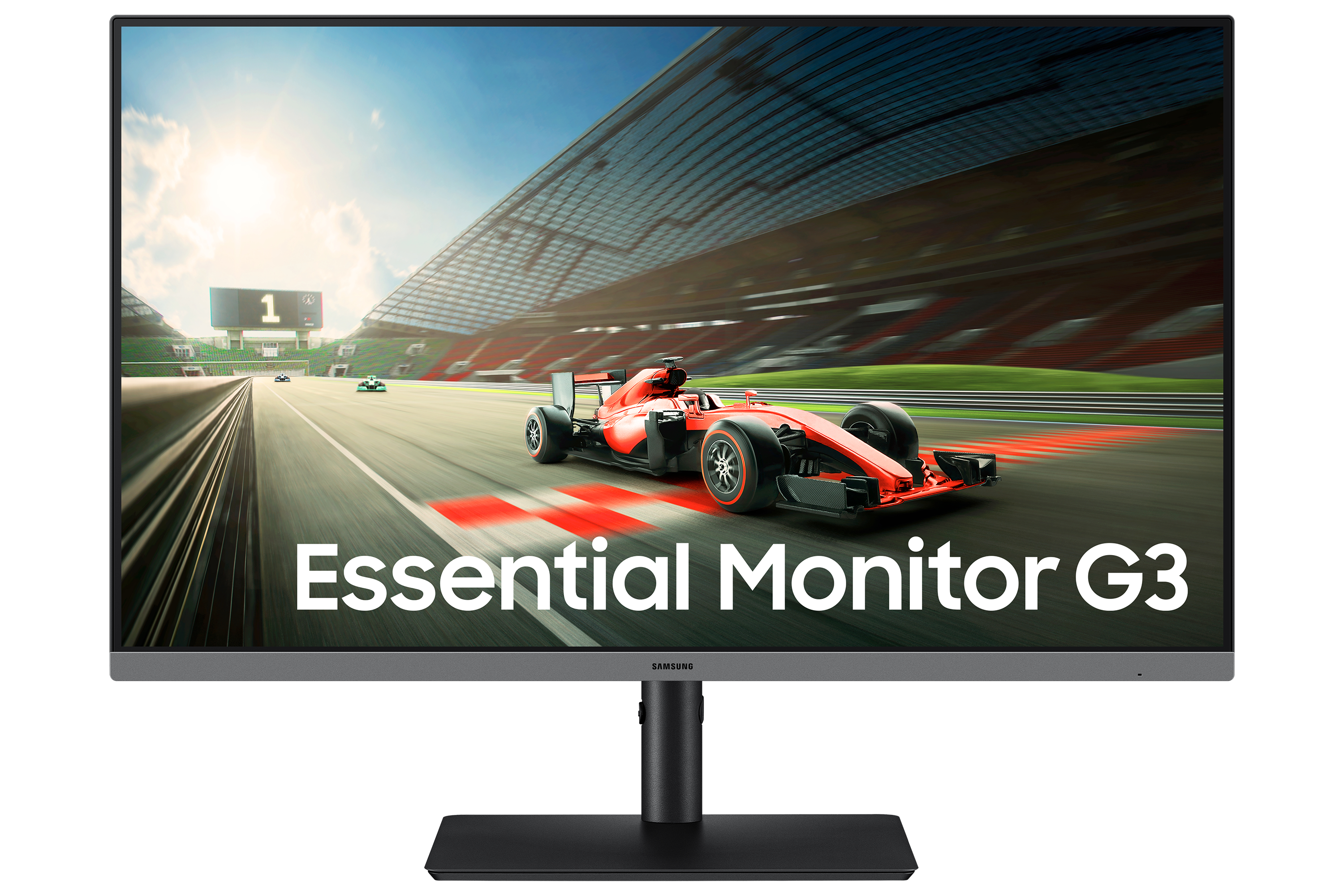An Essential Monitor G3 displays a red race car driving on a track with grandstands.