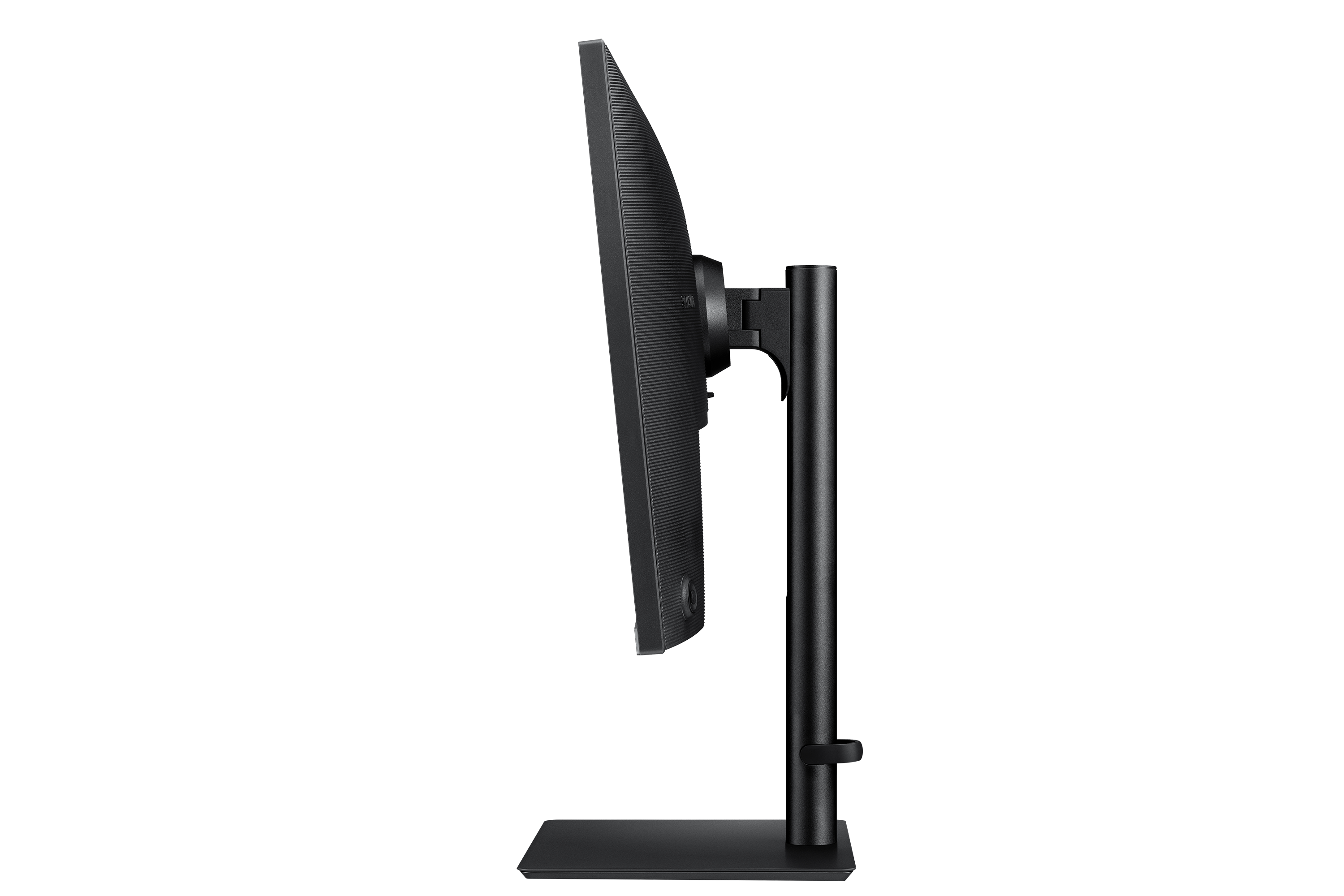 Side view of a black computer monitor on a stand against a black background.