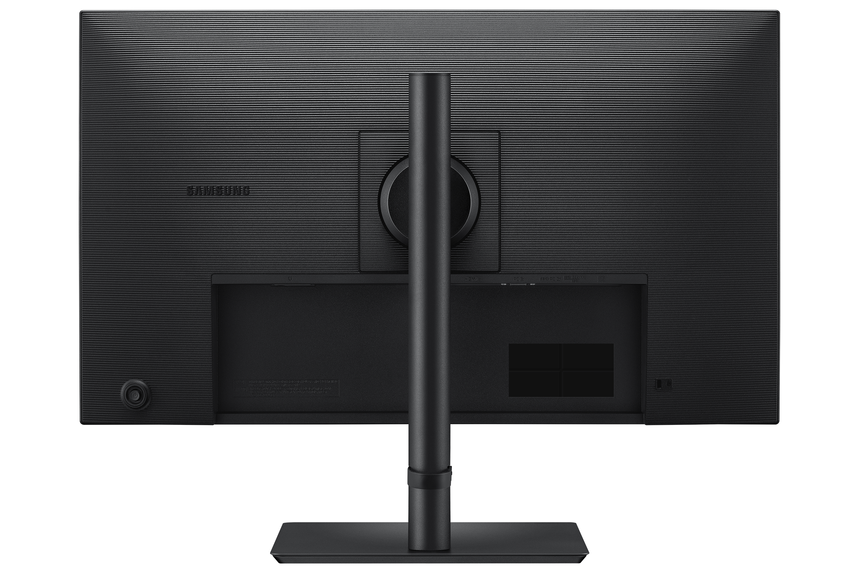 Rear view of a black Samsung monitor with a vertical stand against a black background.