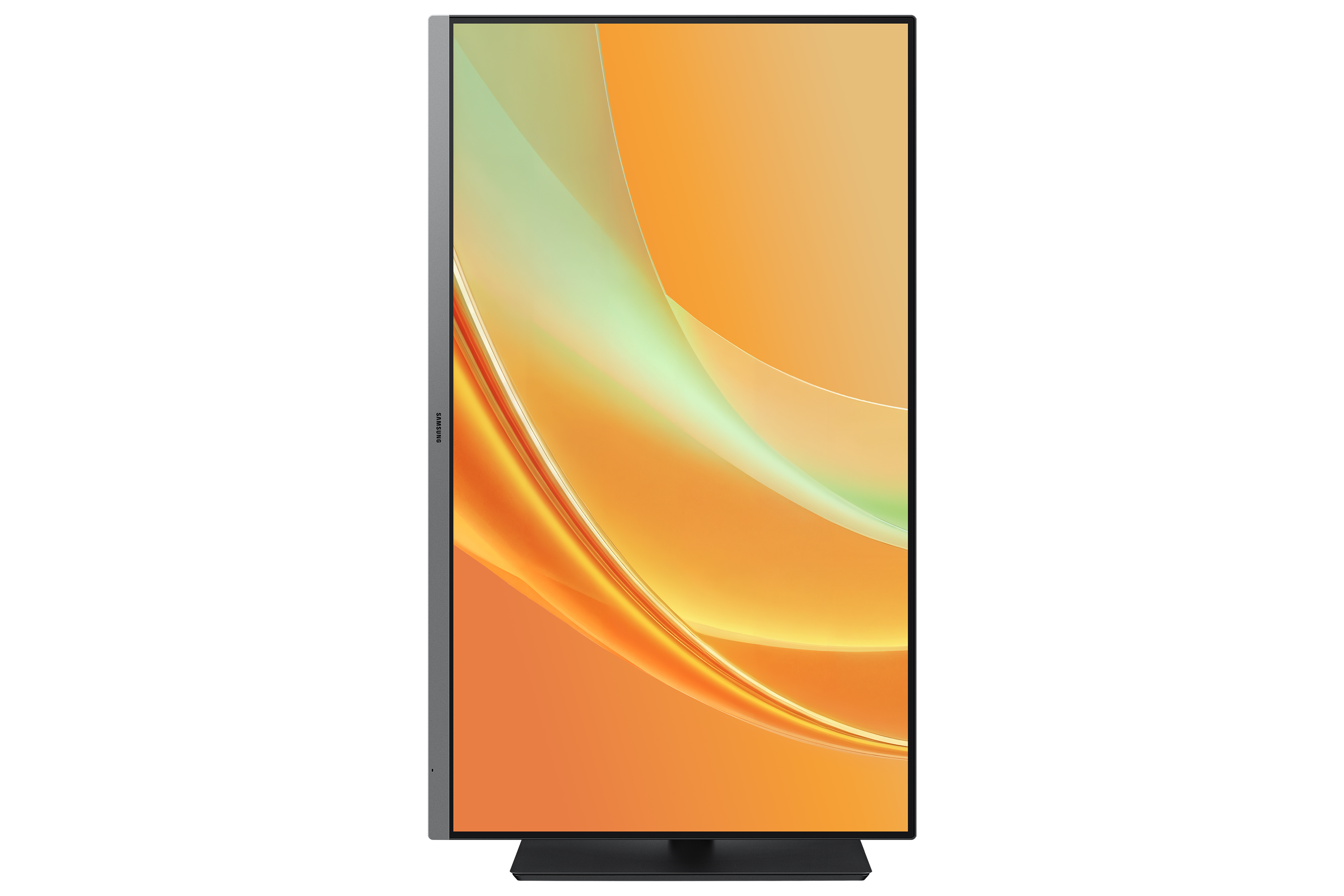 A vertical Samsung monitor displaying an abstract, wavy background in orange tones on a black background.