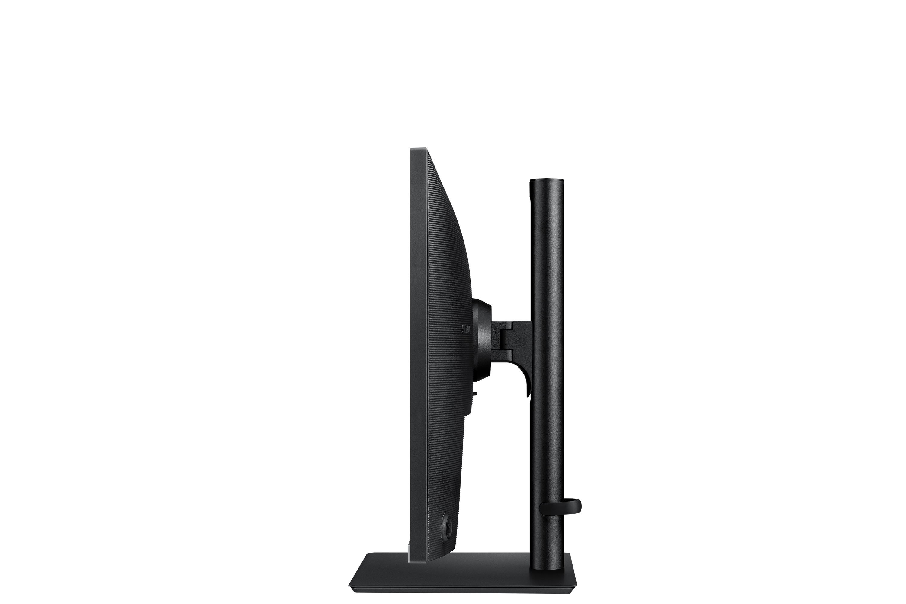 Side view of a black computer monitor with a stand on a black background.