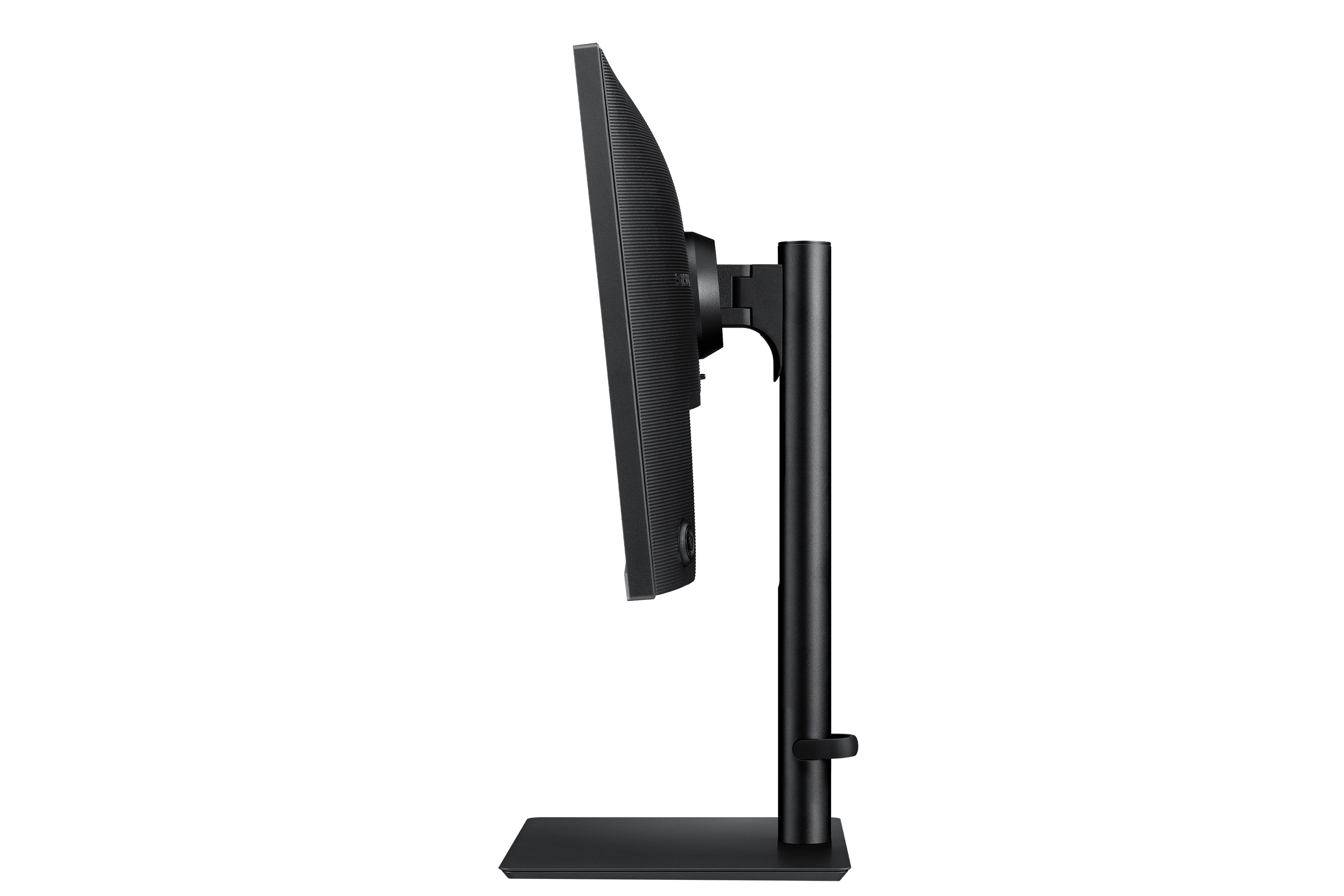 Side view of a black monitor on an adjustable stand against a black background.