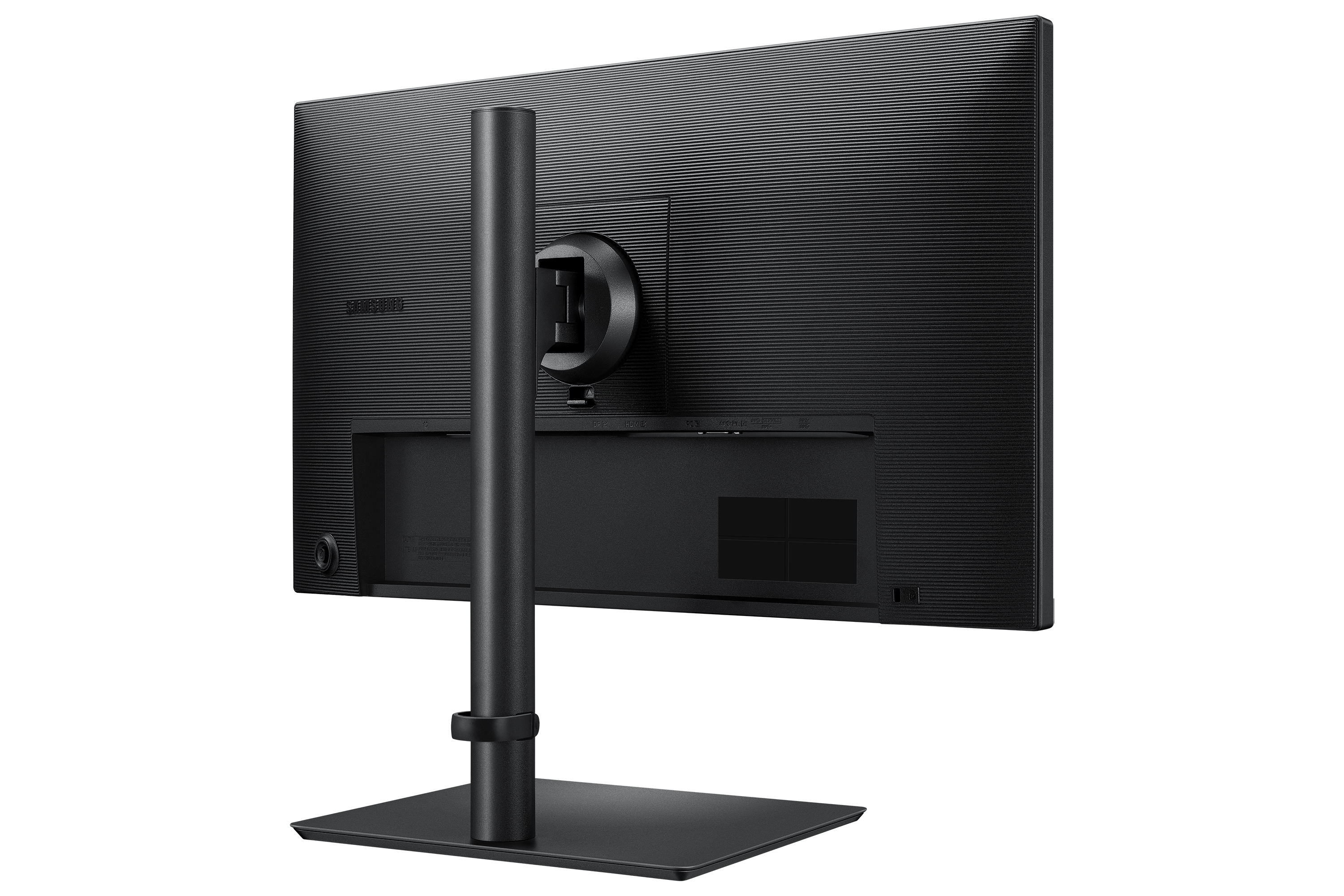 Rear view of a black monitor with an adjustable stand and textured panel against a black background.