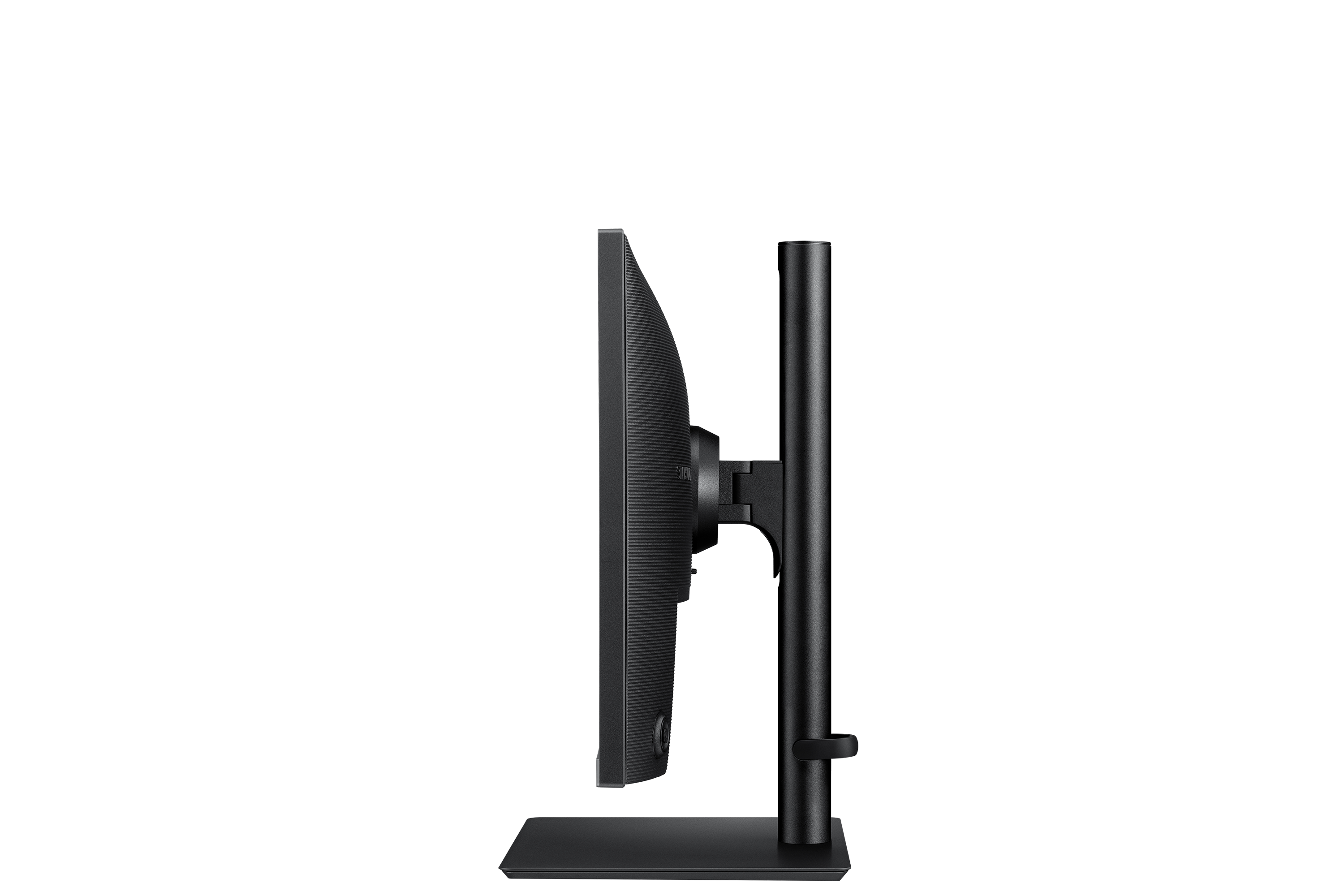 A side view of a modern black computer monitor on a stand, against a solid black background.