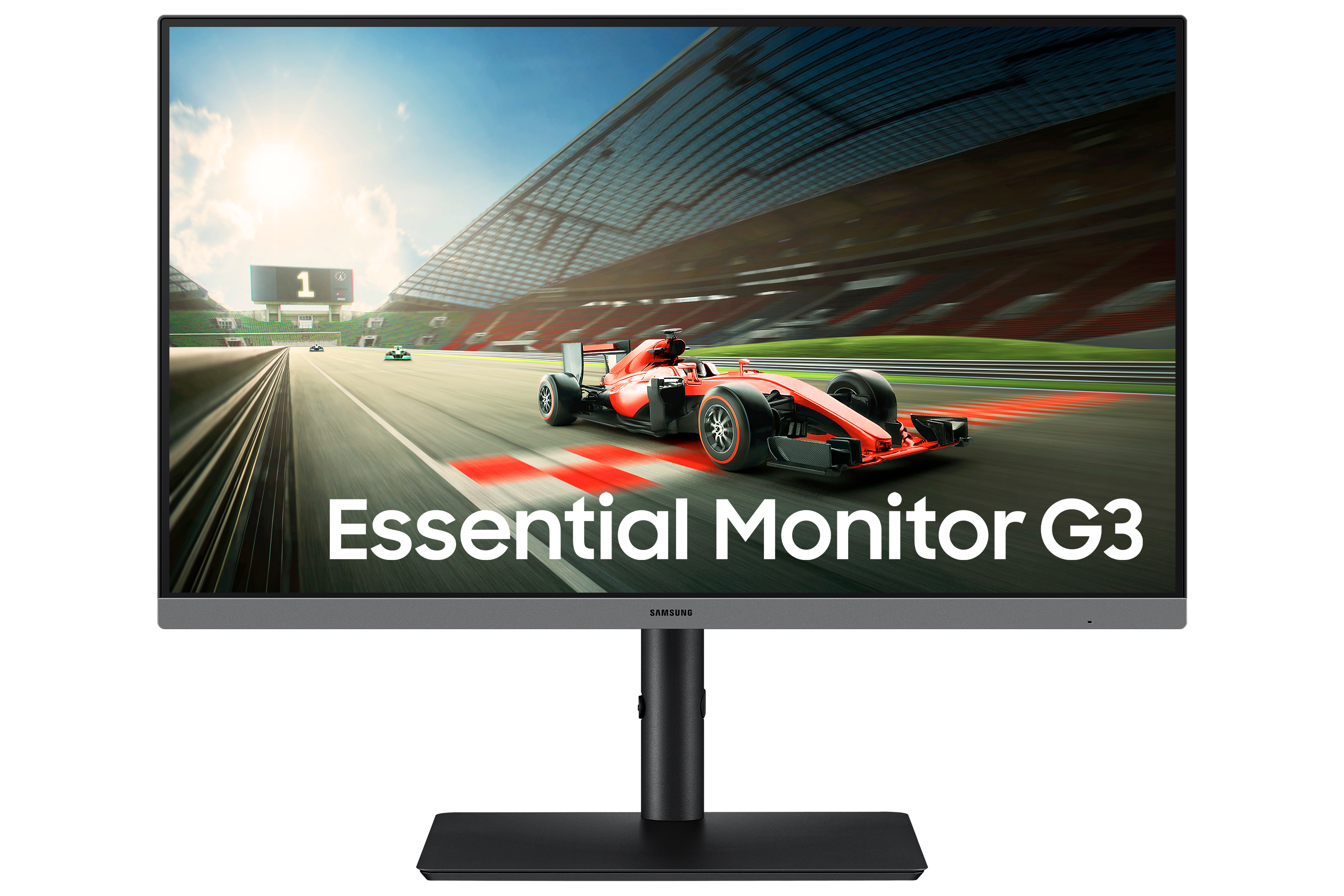 A Samsung Essential Monitor G3 displays a Formula 1 racing car on a track.