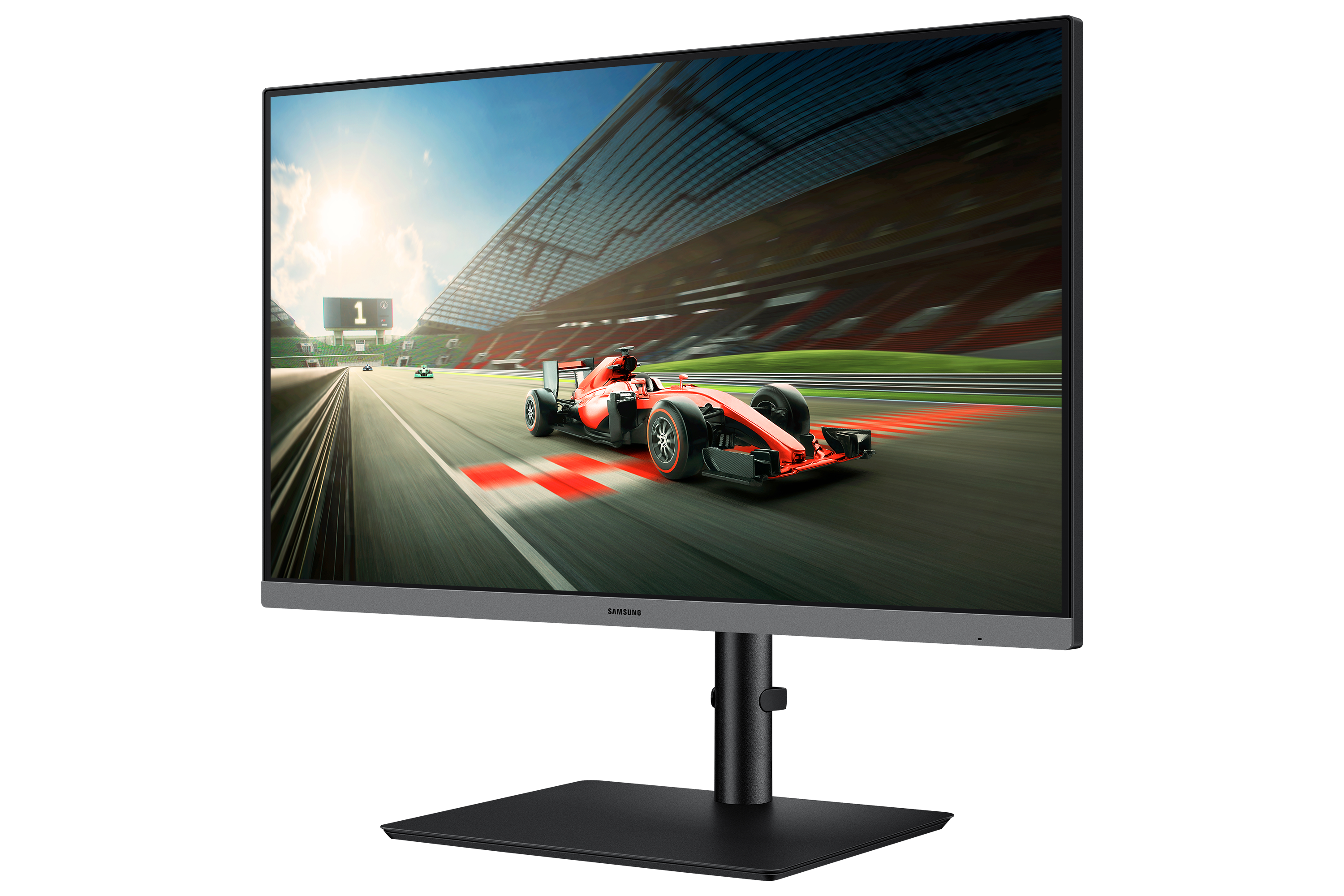 A Samsung monitor displays a racing game with a red race car driving on a track.