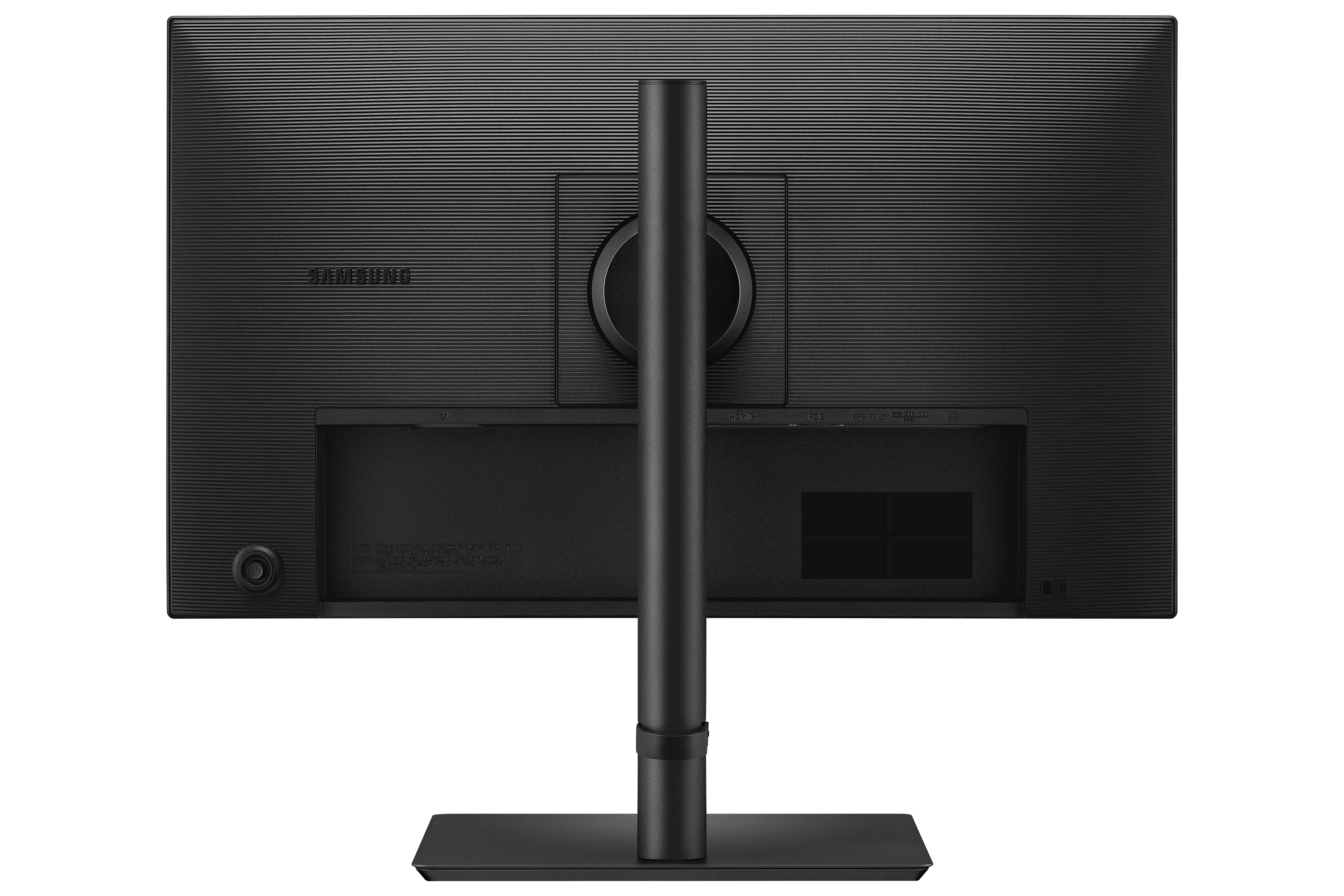 Back of a black Samsung monitor showing stand, ports, and brand logo.