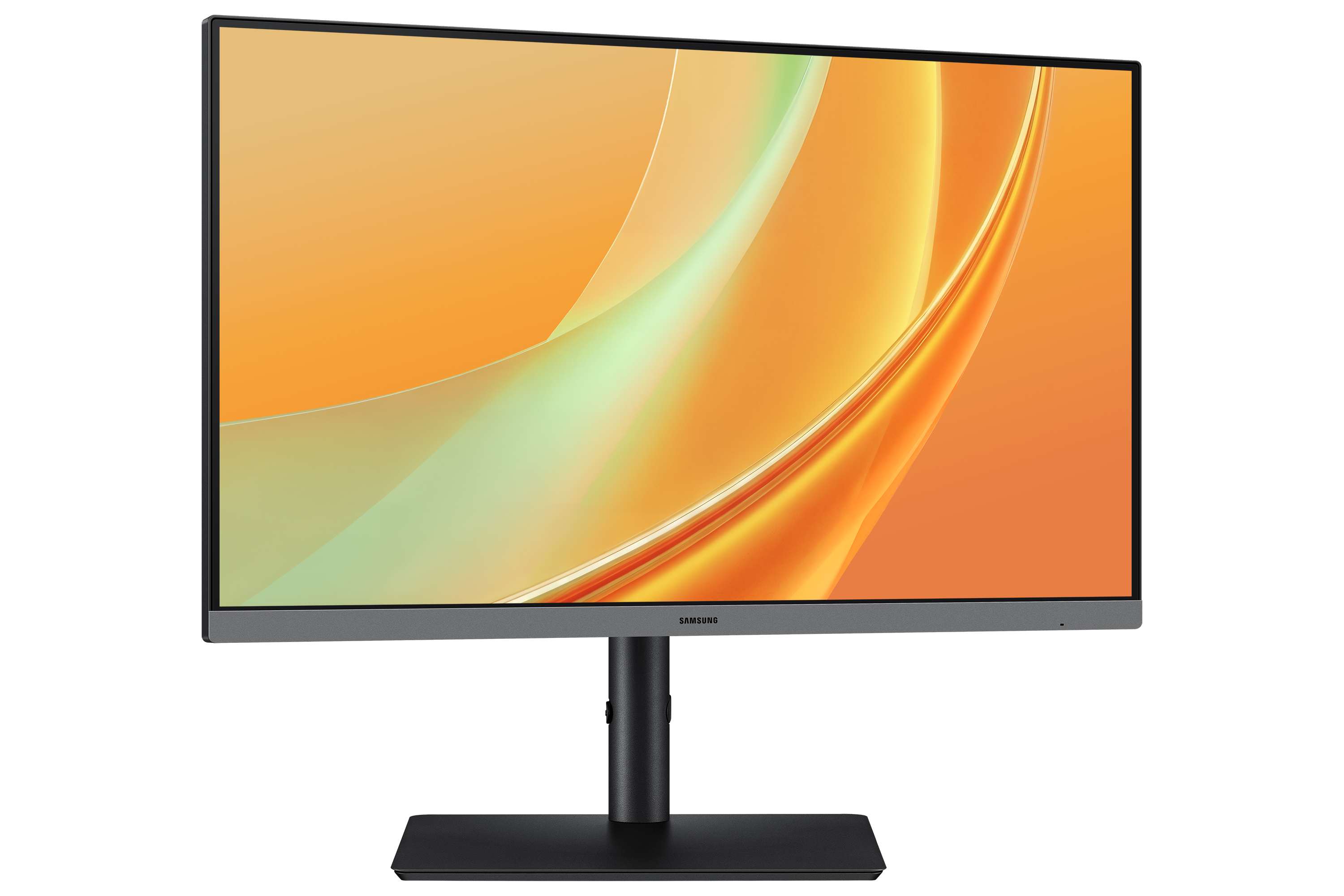 A Samsung monitor featuring an abstract orange and green background on display, set against a black background.
