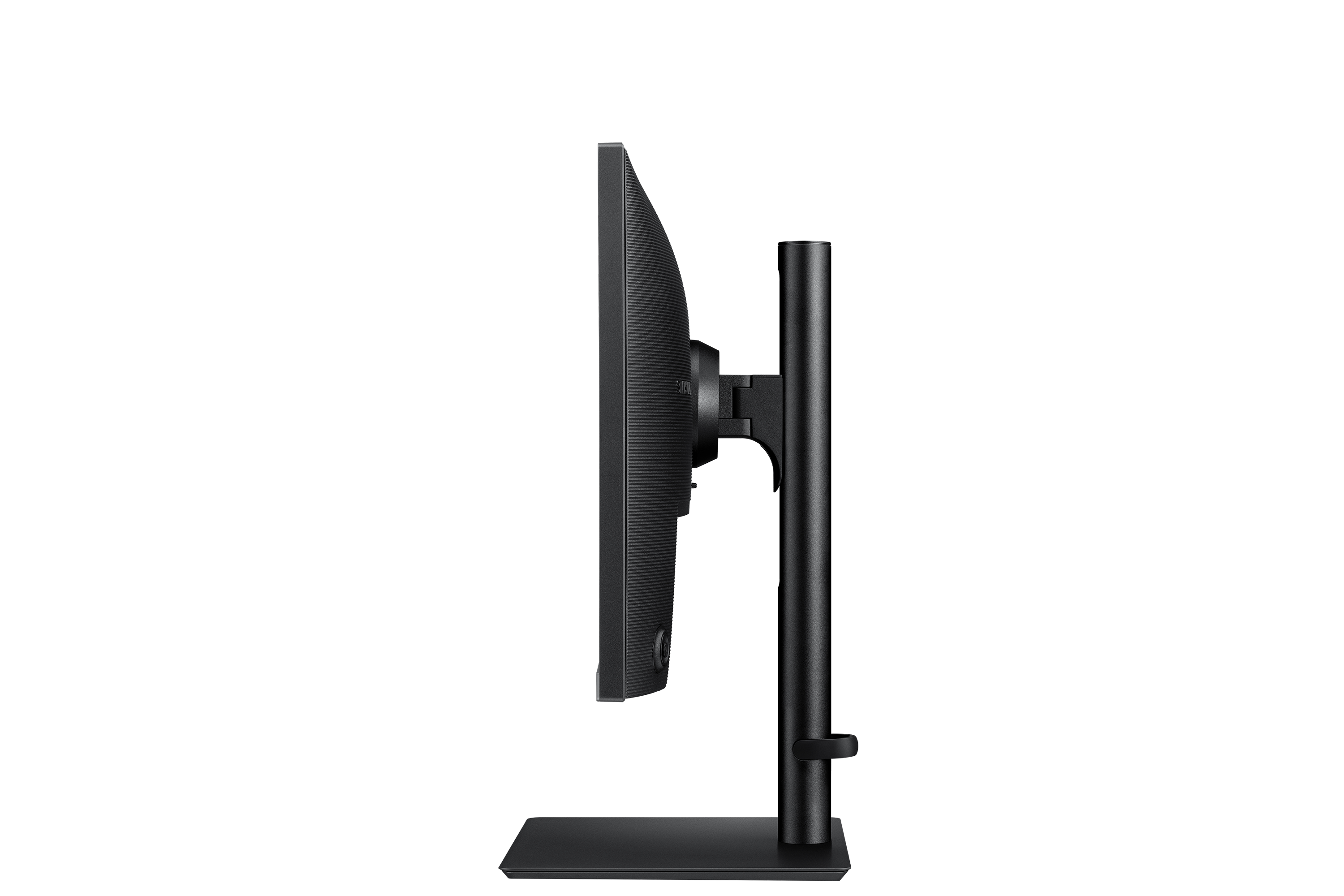 Side view of a black monitor on an adjustable height stand against a black background.