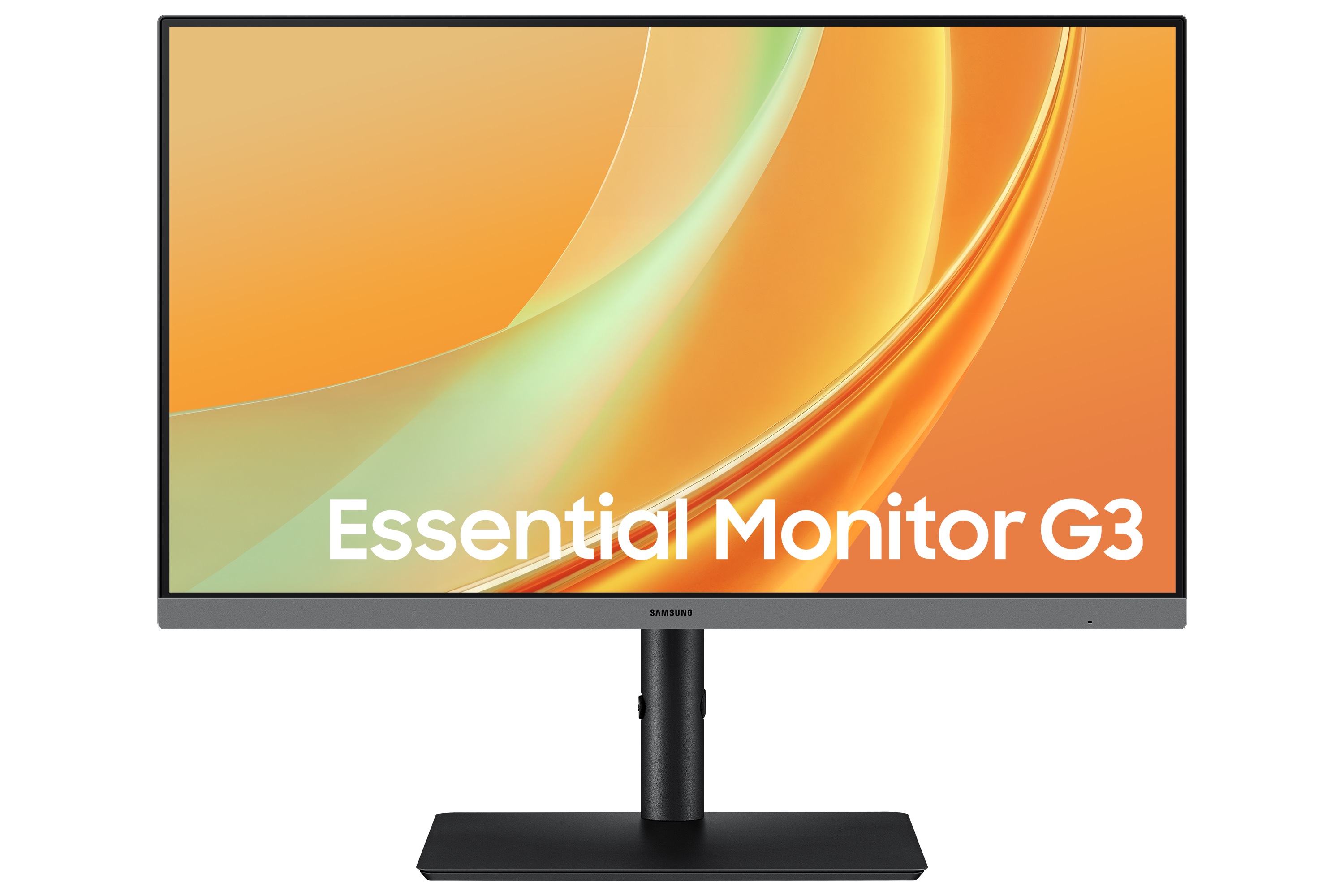 A Samsung Essential Monitor G3 displaying an orange and yellow abstract background.