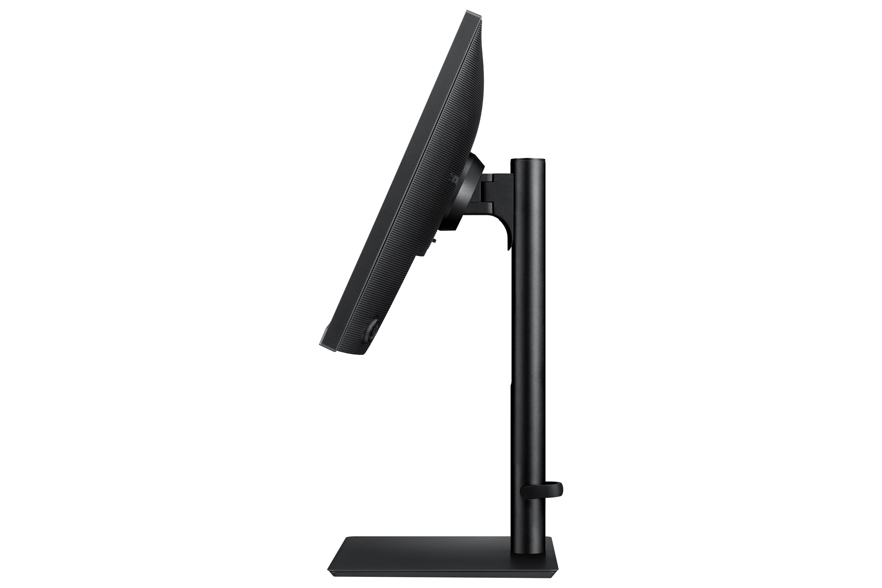 Side view of a black computer monitor on a stand against a black background.