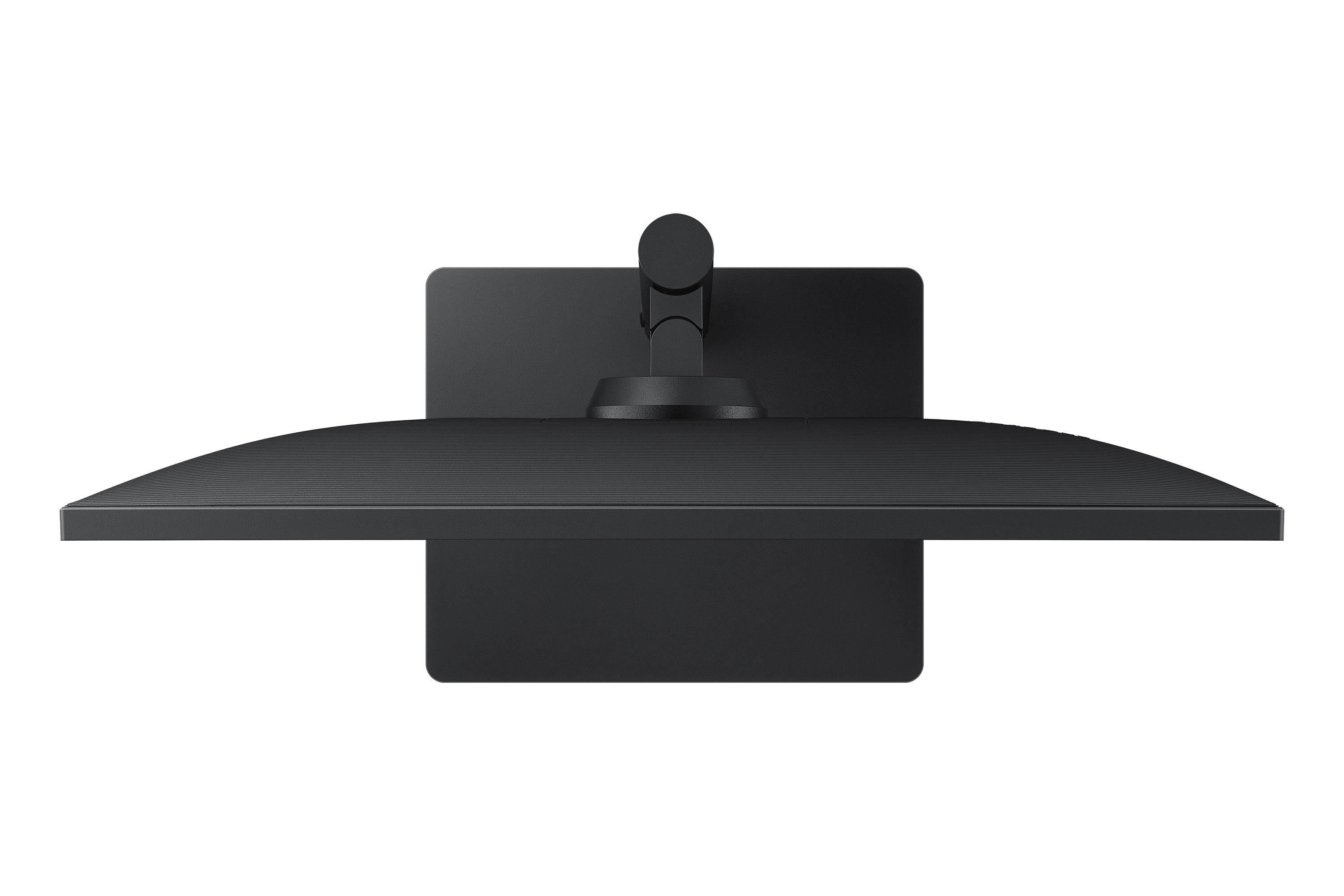Top-down view of a black monitor with a sleek stand against a black background.