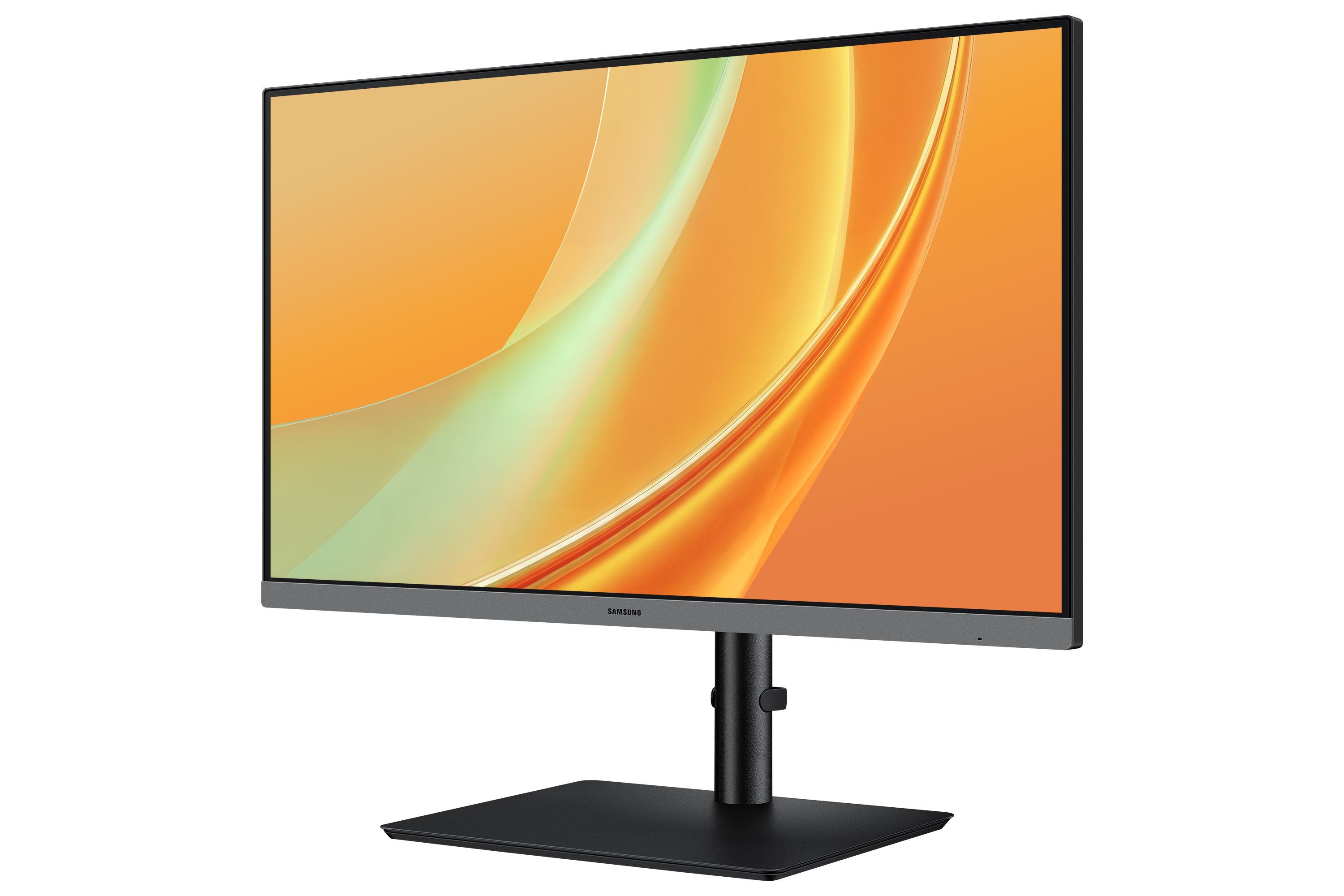 A Samsung monitor displaying an orange and green abstract background on a black backdrop.