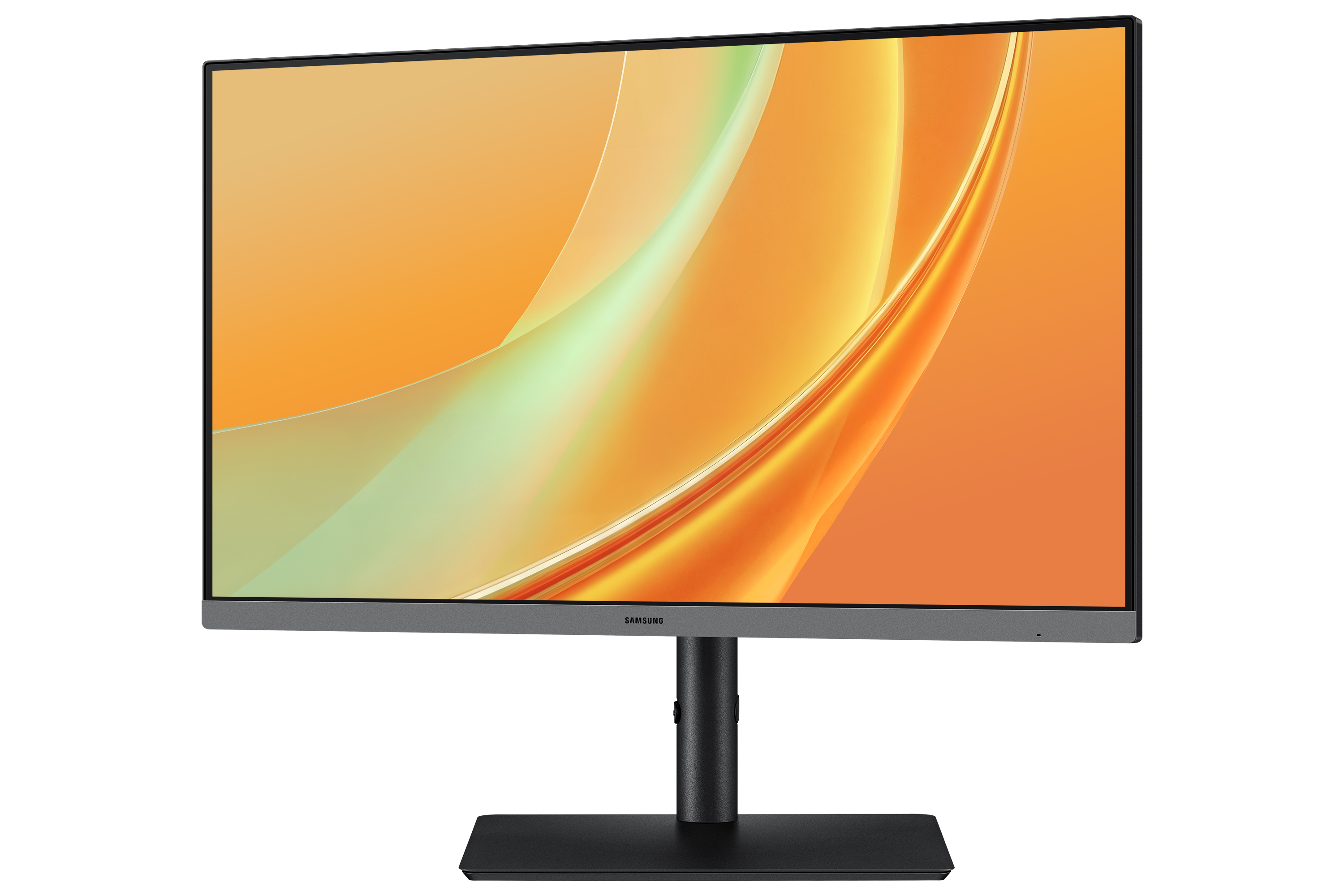 A Samsung monitor displaying an orange and green abstract curved background against black.