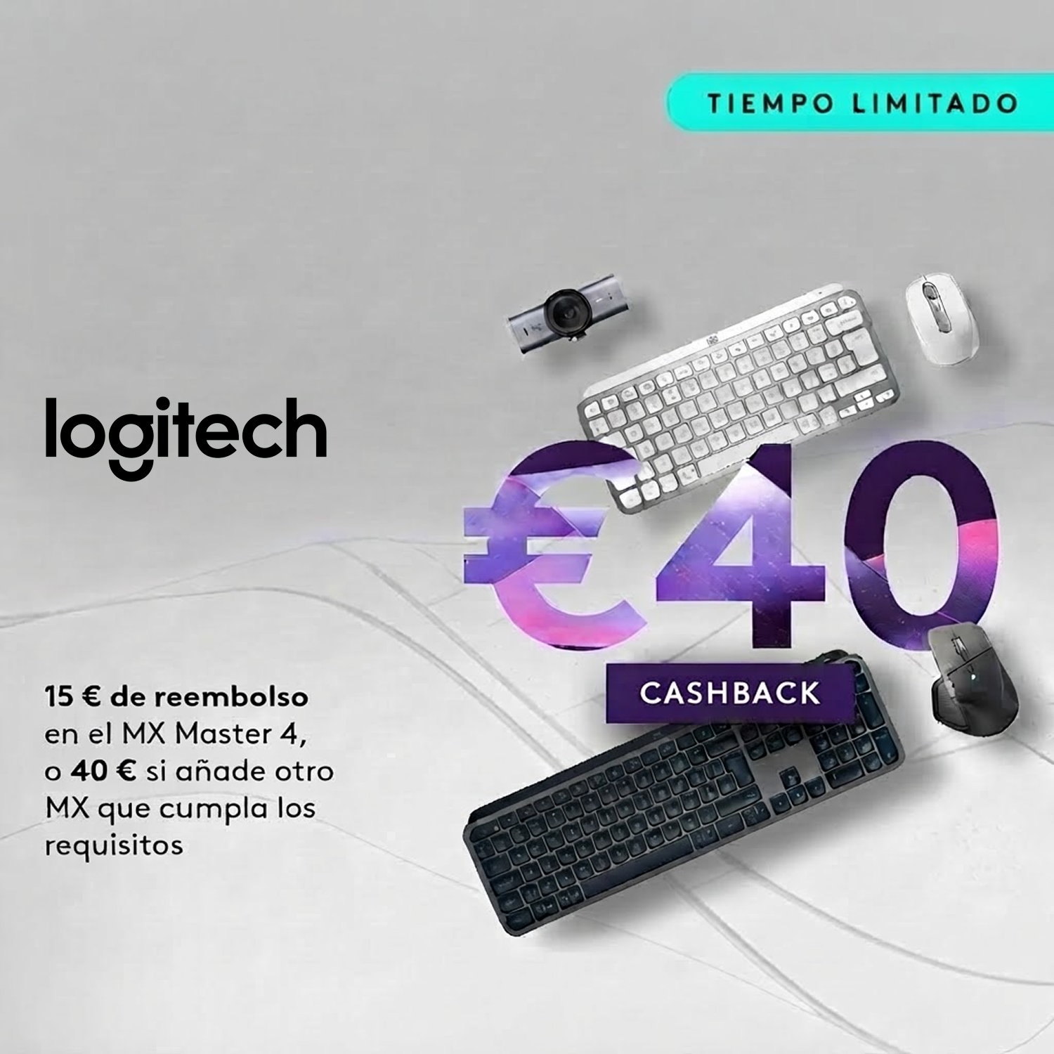Promoción de reembolso de Logitech con teclados, ratones y cámara en fondo gris.