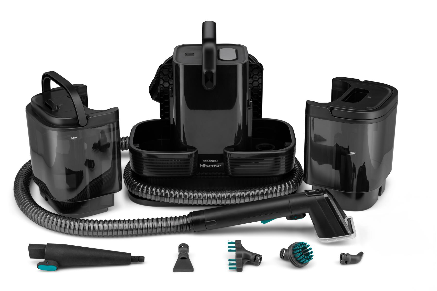 Schwarzes Hisense SteamIQ Reinigungsgerät mit abnehmbaren Wassertanks, Schläuchen und verschiedenen Aufsätzen.