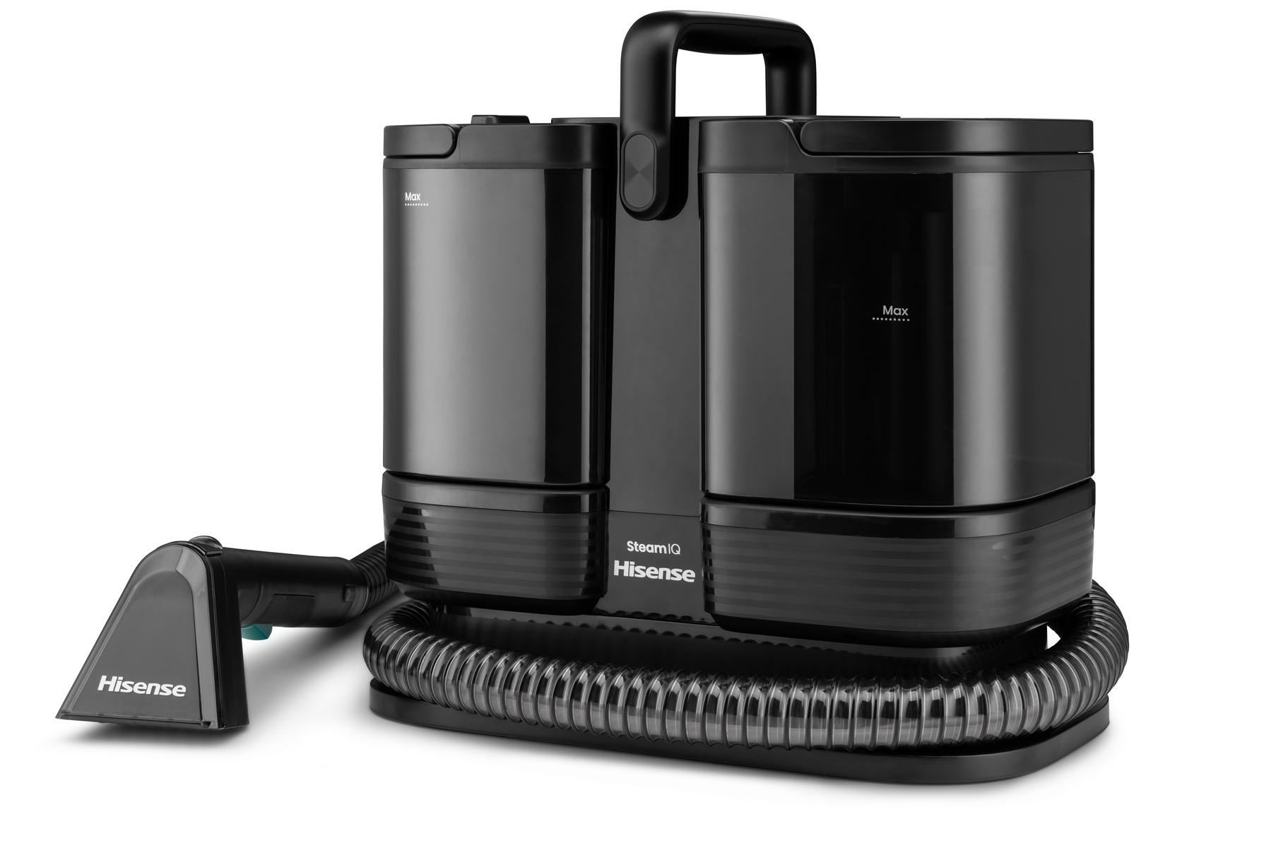 Schwarzer Hisense Dampfreiniger mit zwei Wassertanks, einem Tragegriff und einem angeschlossenen Saugschlauch.