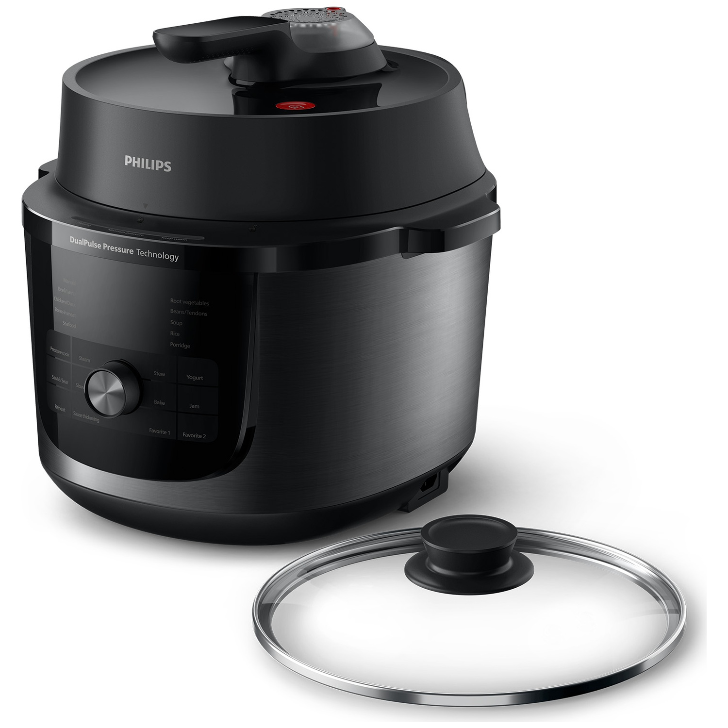 Black Philips multi-cooker with a digital control panel and a separate glass lid on a white background.