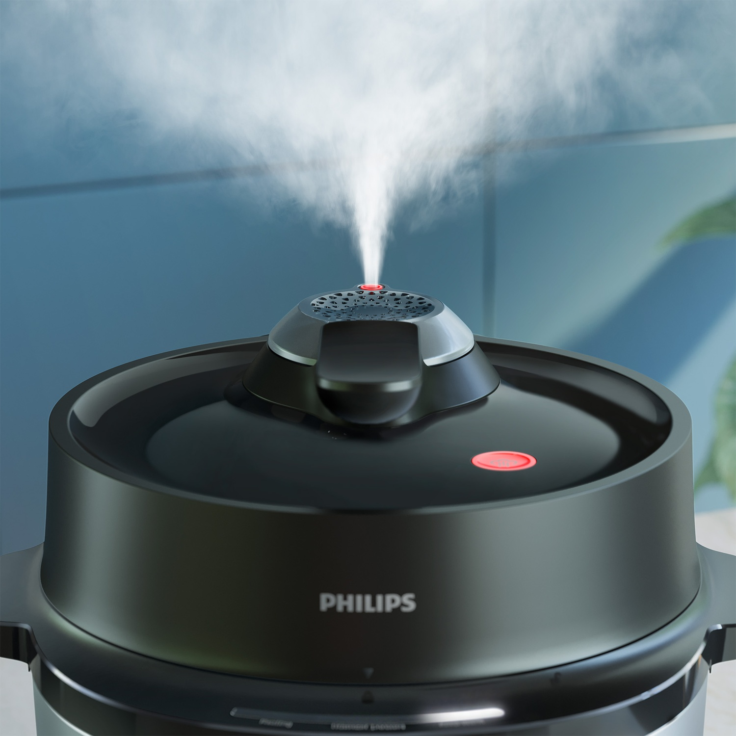 A black Philips pressure cooker releases steam through the valve, against a blue wall background.