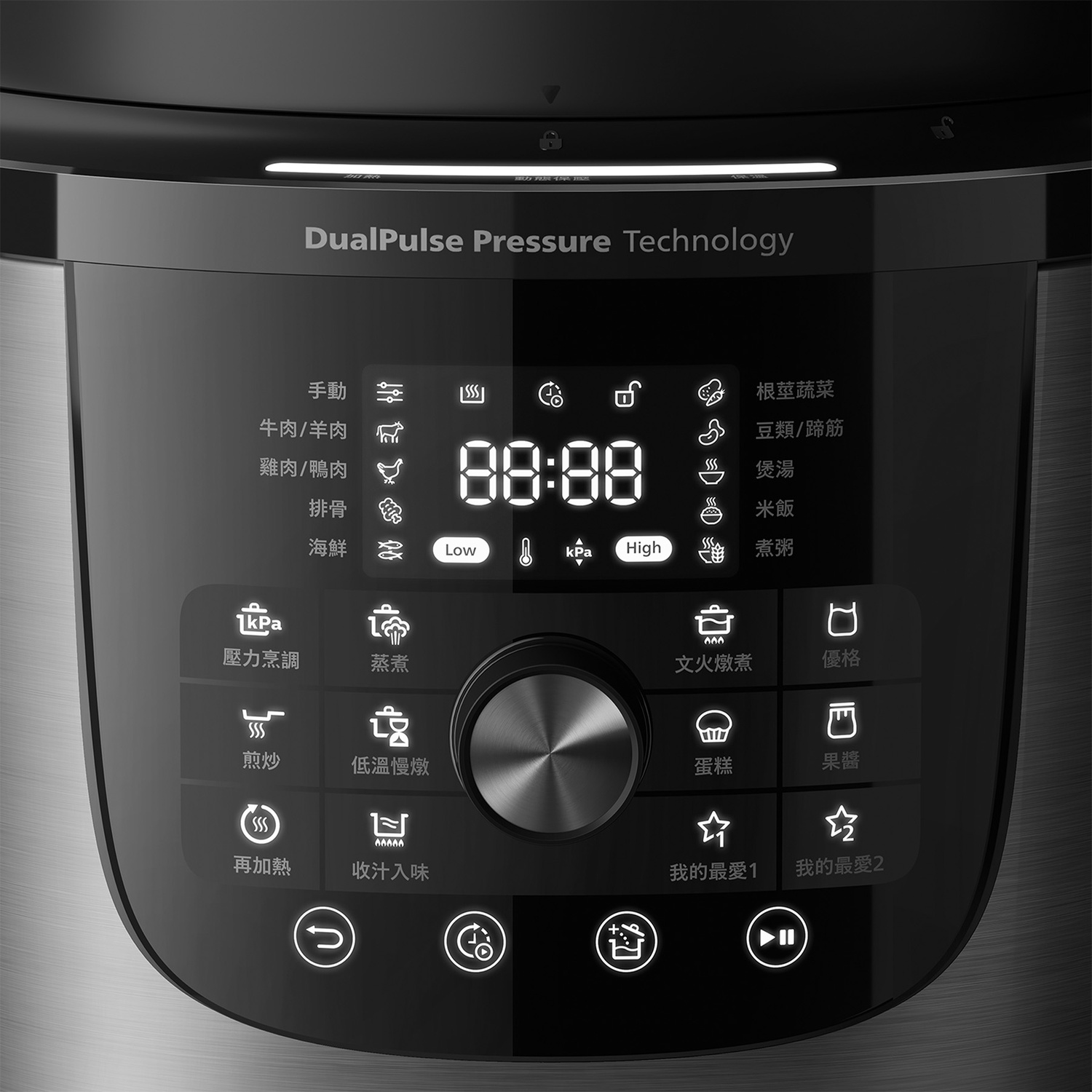 Control panel of a black electric pressure cooker featuring a digital display, glowing buttons, and a central dial.