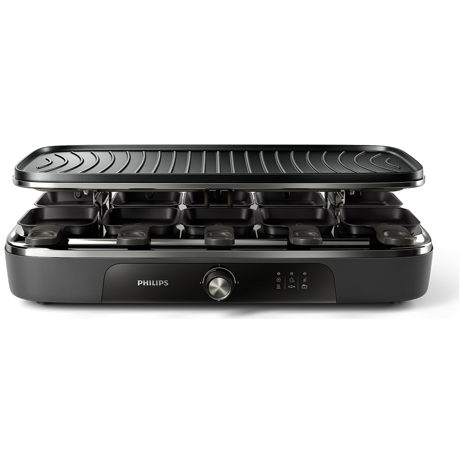 Black Philips raclette grill featuring a ribbed top grill plate and multiple small pans underneath.