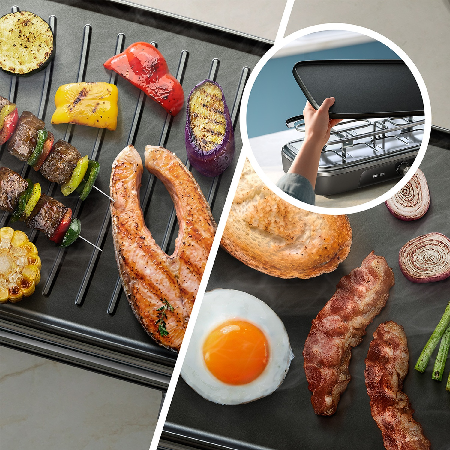 An electric grill cooks fish, skewers, and vegetables, featuring an inset grill plate detail.