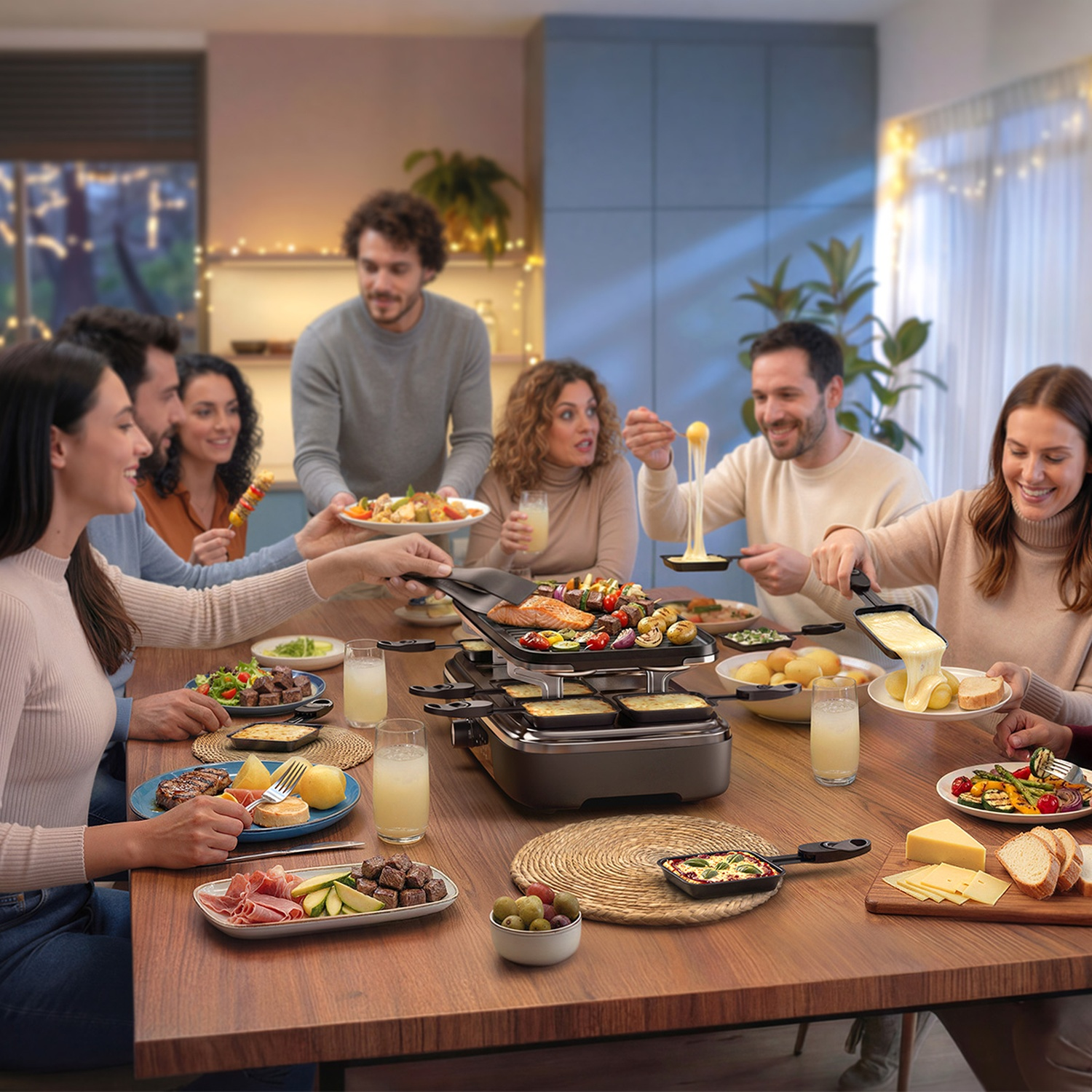 A group of friends laughing and enjoying a raclette dinner together around a wooden table indoors.