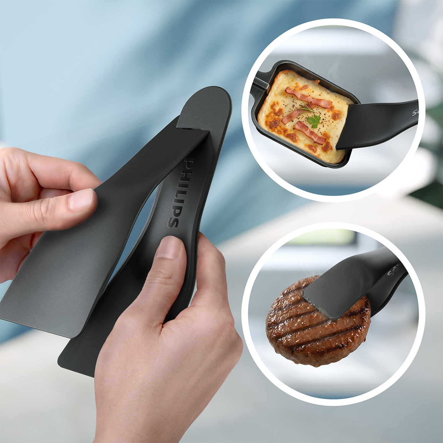 Black Philips spatula in use: hands bending it, with inset circles showing cheese and a burger being flipped.