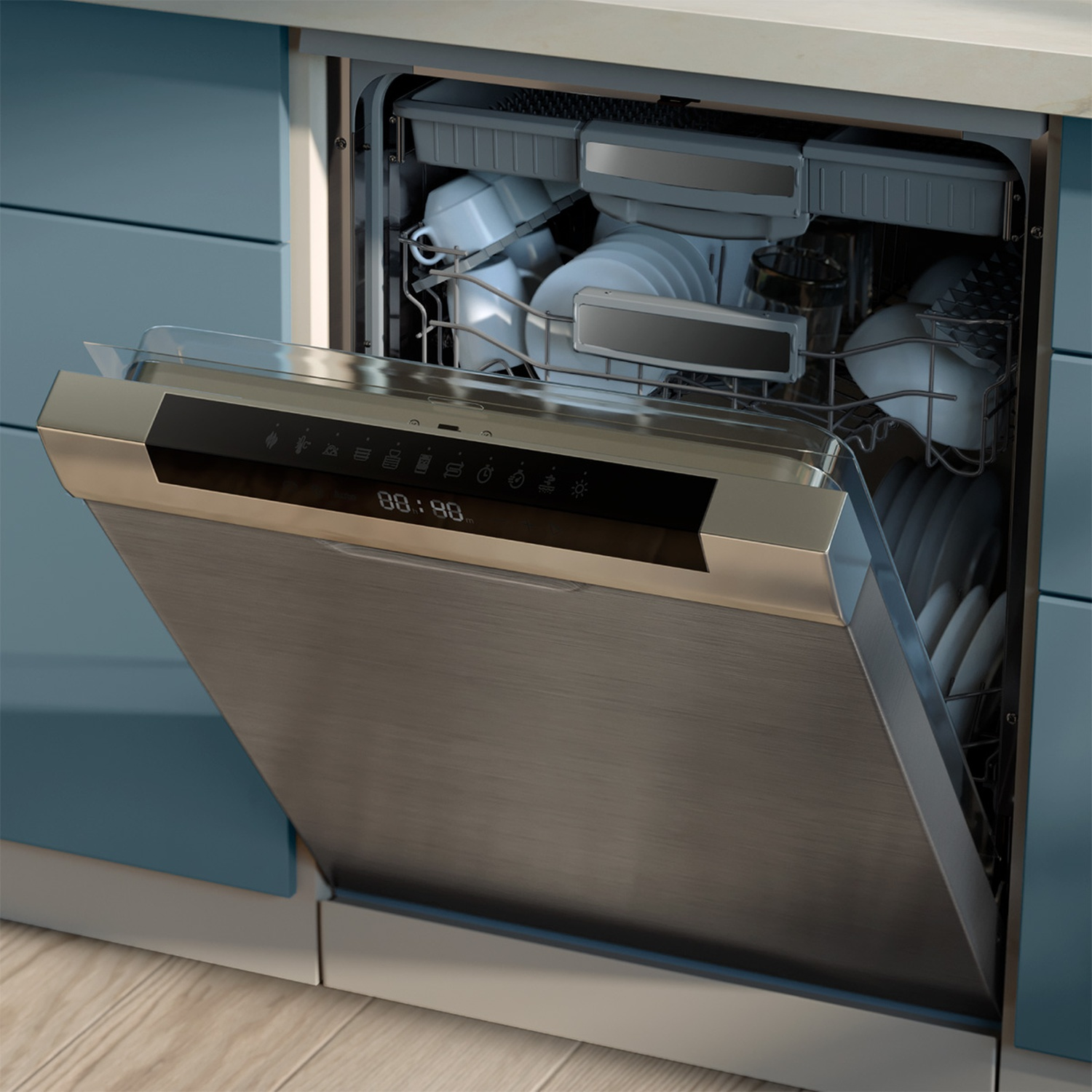 An open dishwasher in a blue kitchen, filled with clean dishes and cups.