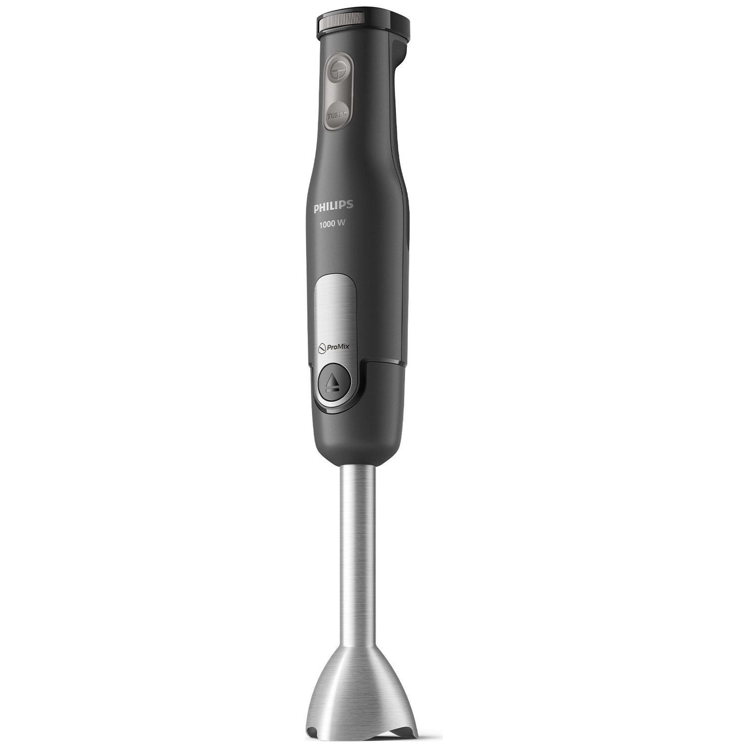 Dark grey Philips 1000W hand blender with stainless steel shaft on white background.