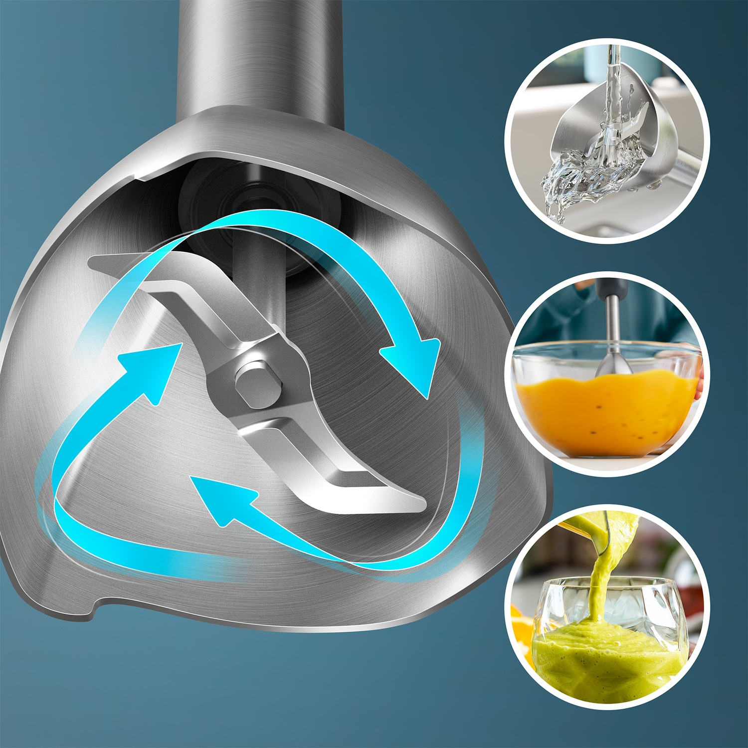 Hand blender with stainless steel blade and blue rotation arrows, with three circular insert images.