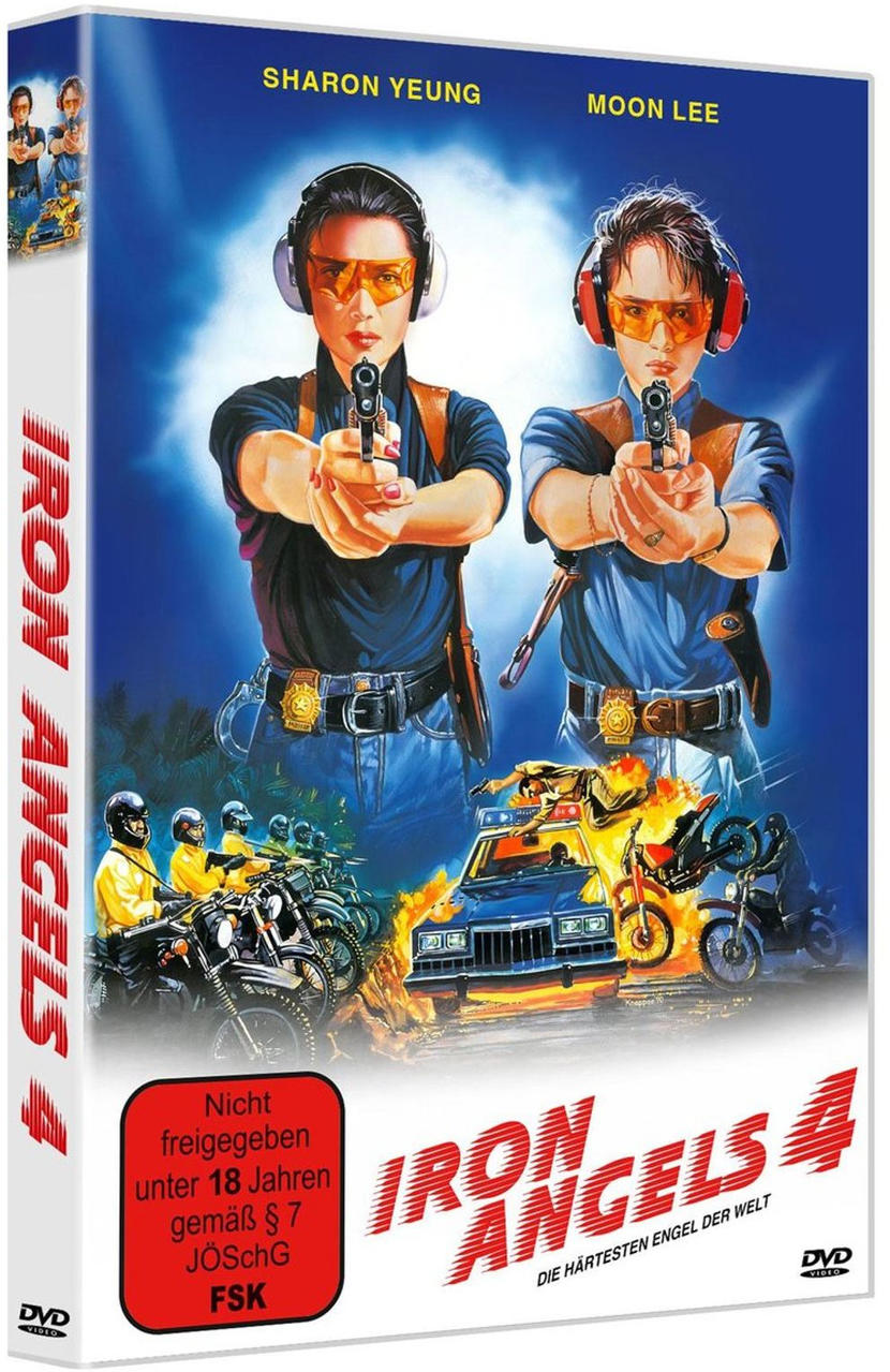 DVD-Cover von Iron Angels 4 mit zwei bewaffneten Frauen im Vordergrund und einer Verfolgungsjagd im Hintergrund.
