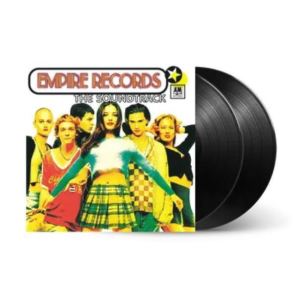 Empire Records-Vinyl-Soundtrack mit sechs jungen Schauspielern auf dem Cover und zwei schwarzen Platten daneben.