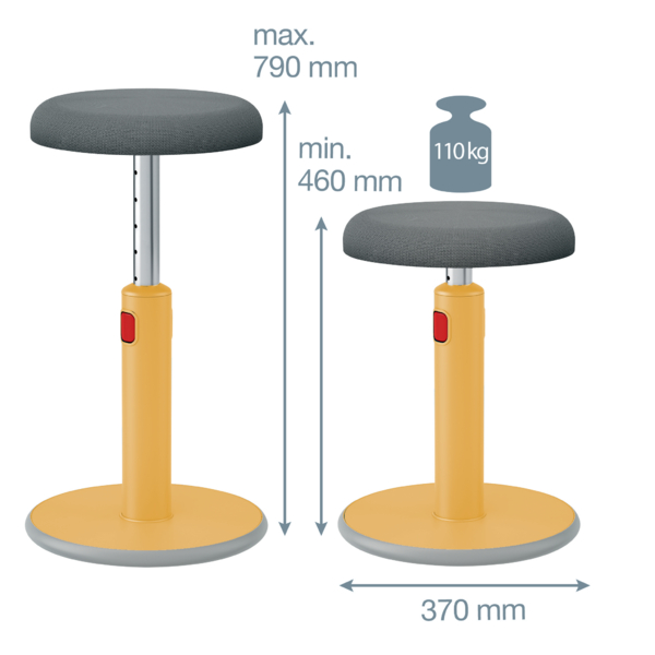 Zwei gelbe Hocker mit grauen Sitzflächen, Maßen von 460 bis 790 mm Höhe, 370 mm Durchmesser und 110 kg Gewichtslimit.
