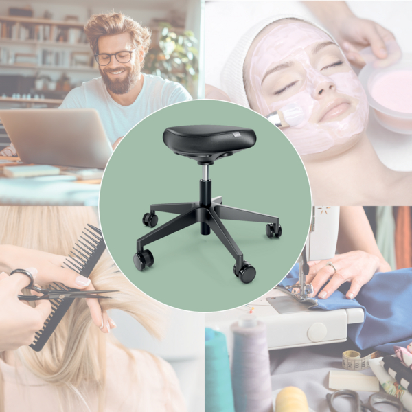 Ein ergonomischer schwarzer Hocker auf Rollen, umgeben von verschiedenen Szenen wie Friseur und Make-up.