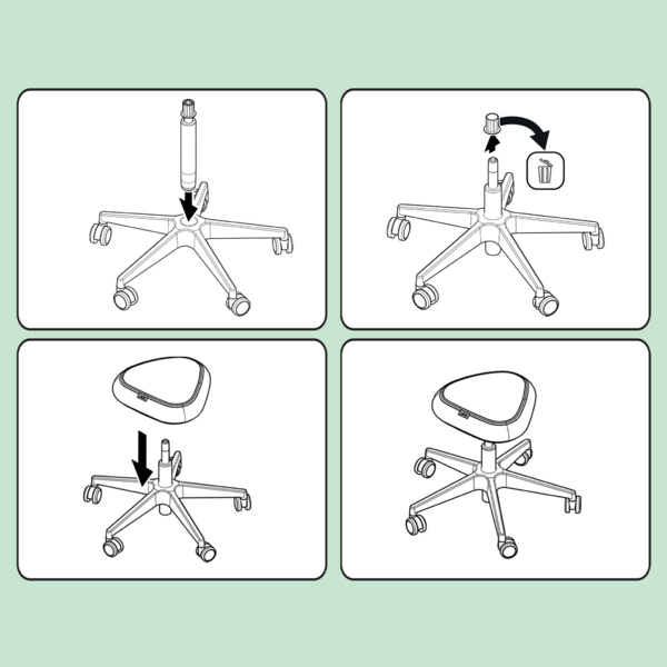 Vierteilige Anleitung zur Montage eines Rollhockers mit Einsetzen der Gasfeder, Entfernen der Kappe und Aufsetzen des Kissens.