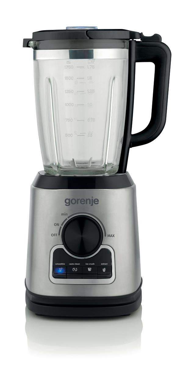 Edelstahl-Standmixer von Gorenje mit Glasbehälter und schwarzem Bedienfeld.