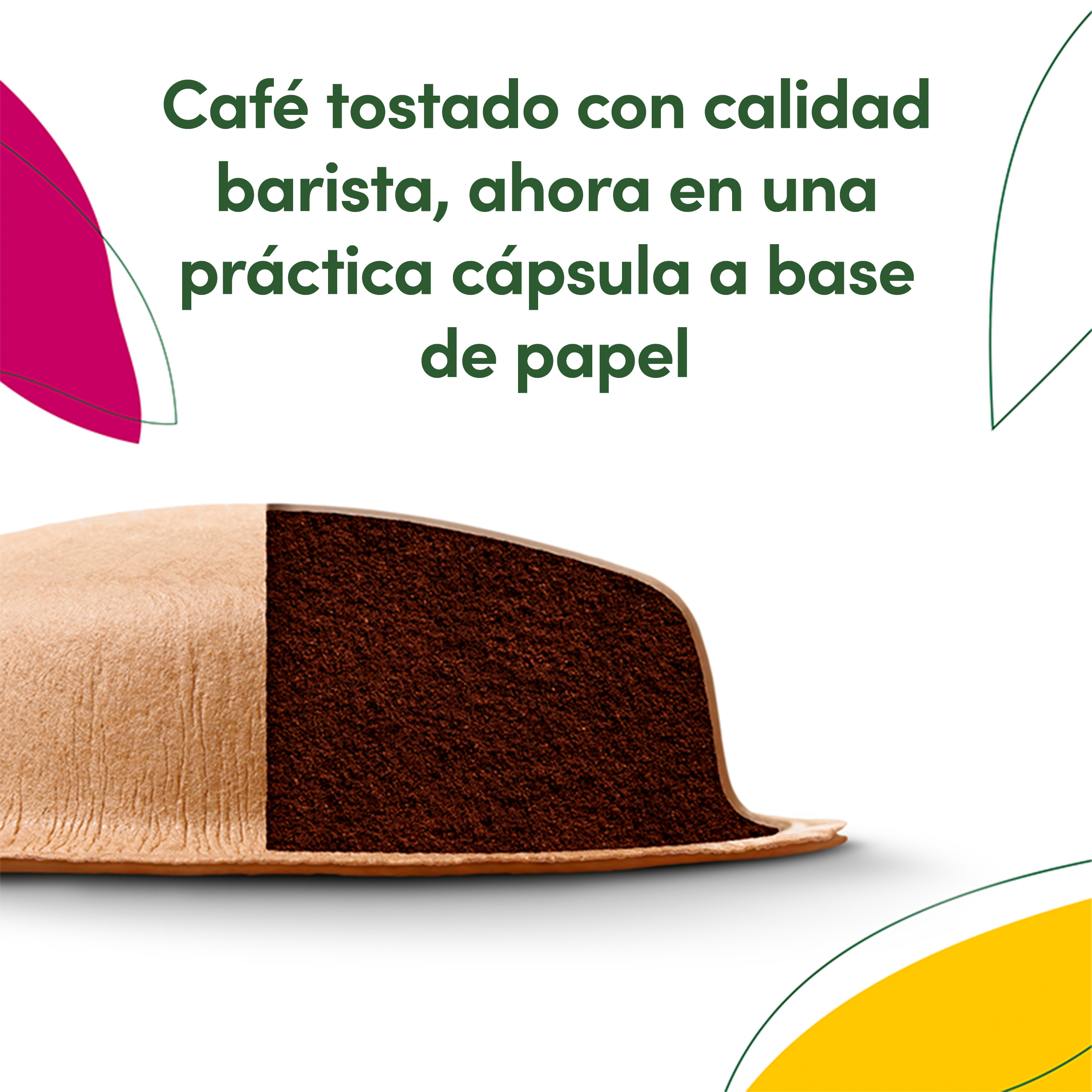 Una cápsula de café de papel cortada muestra café molido marrón dentro, con texto arriba.