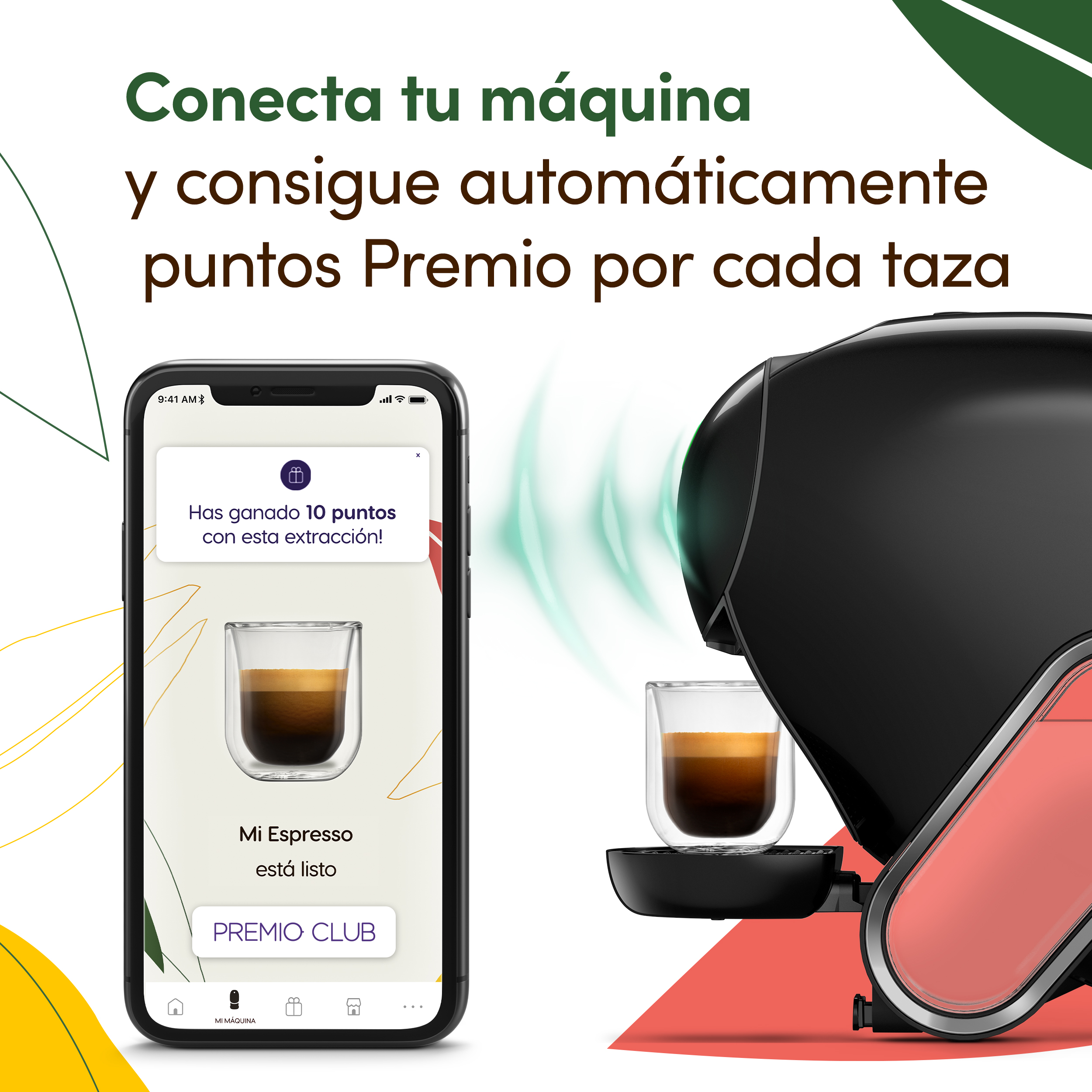 Una cafetera se conecta a una app móvil que muestra puntos ganados por cada taza.