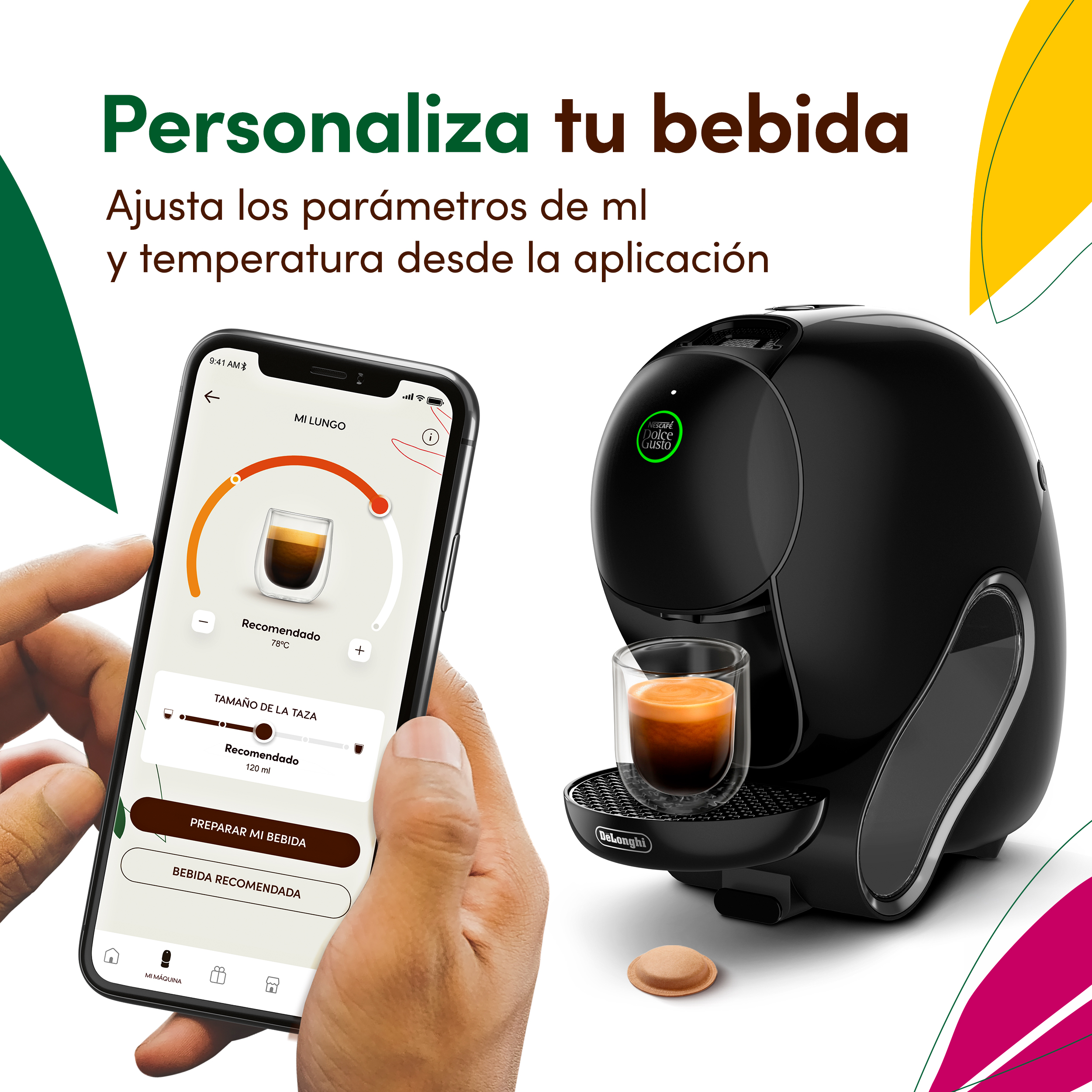 Un smartphone que muestra una app de control de café junto a una cafetera DeLonghi negra.