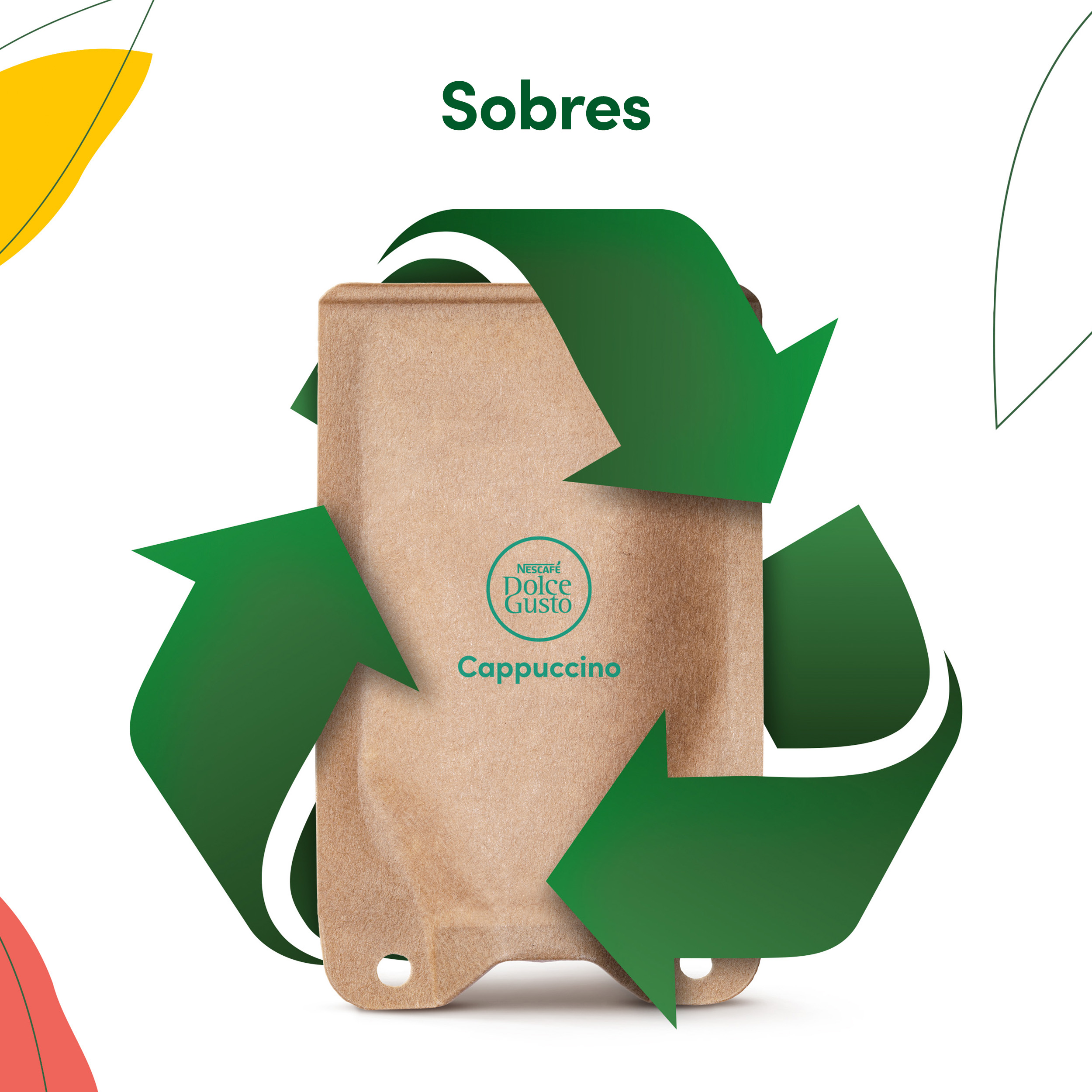 Símbolo de reciclaje verde alrededor de un paquete de cartón Nescafé Dolce Gusto Cappuccino.