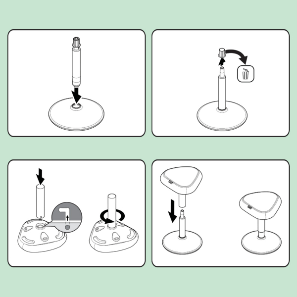 Vier Schritte zeigen die Montageanleitung für einen höhenverstellbaren Hocker mit runder Basis und Dreieckssitz.