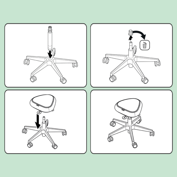 Vierteilige Montageanleitung zum Zusammenbauen eines Bürostuhls auf Rollen.