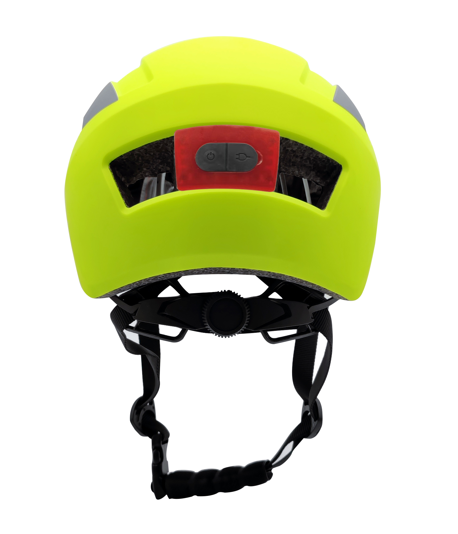 Casco de bicicleta verde neón visto desde atrás con luz roja y correa negra.