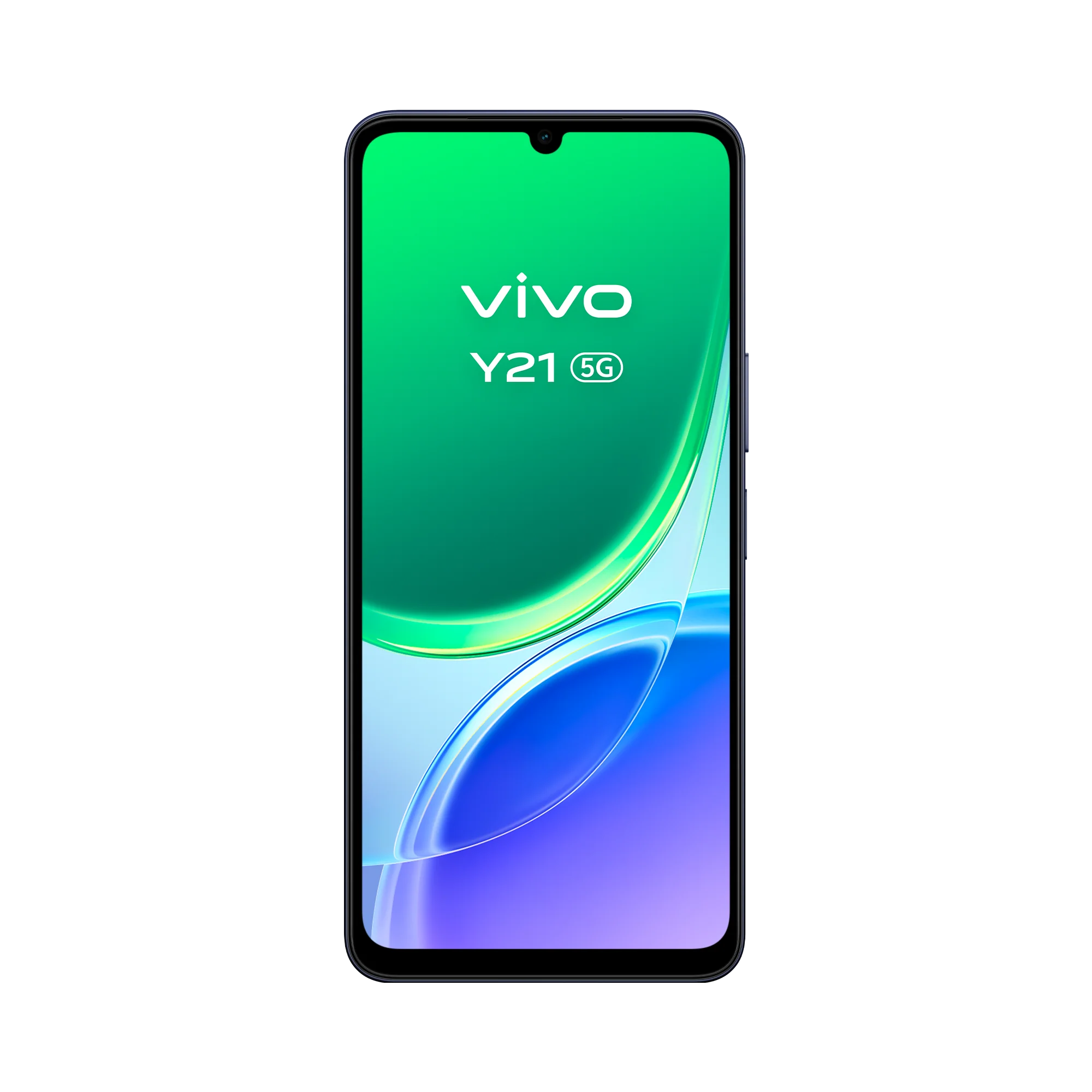 Vista frontal del smartphone vivo Y21 5G con un fondo de pantalla verde y azul vibrante sobre fondo negro.