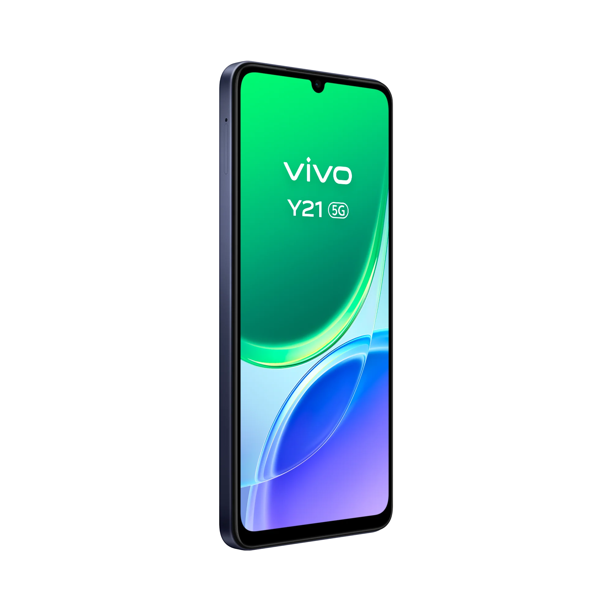 Un teléfono inteligente azul Vivo Y21 5G muestra la marca y el modelo en la pantalla sobre fondo negro.