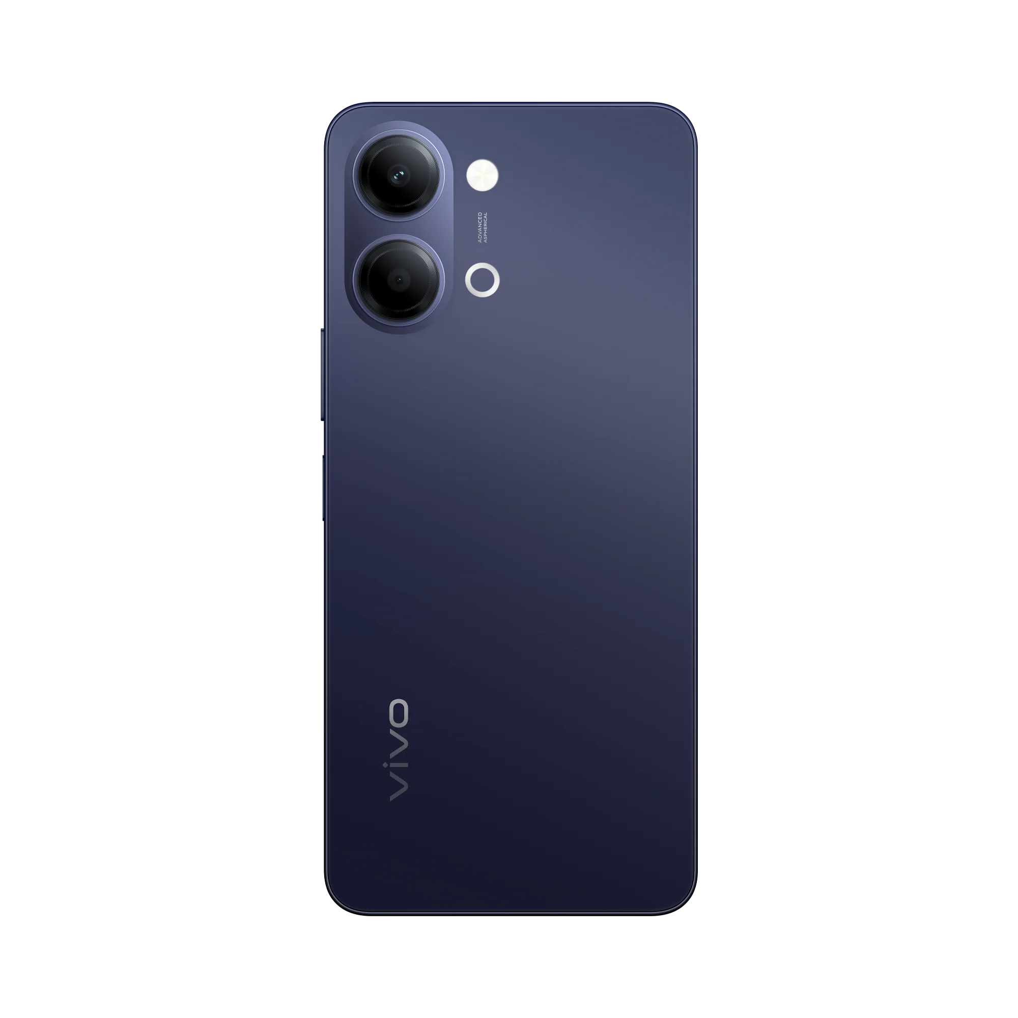 Parte trasera de un smartphone Vivo morado con dos cámaras y el logotipo de Vivo sobre fondo negro.