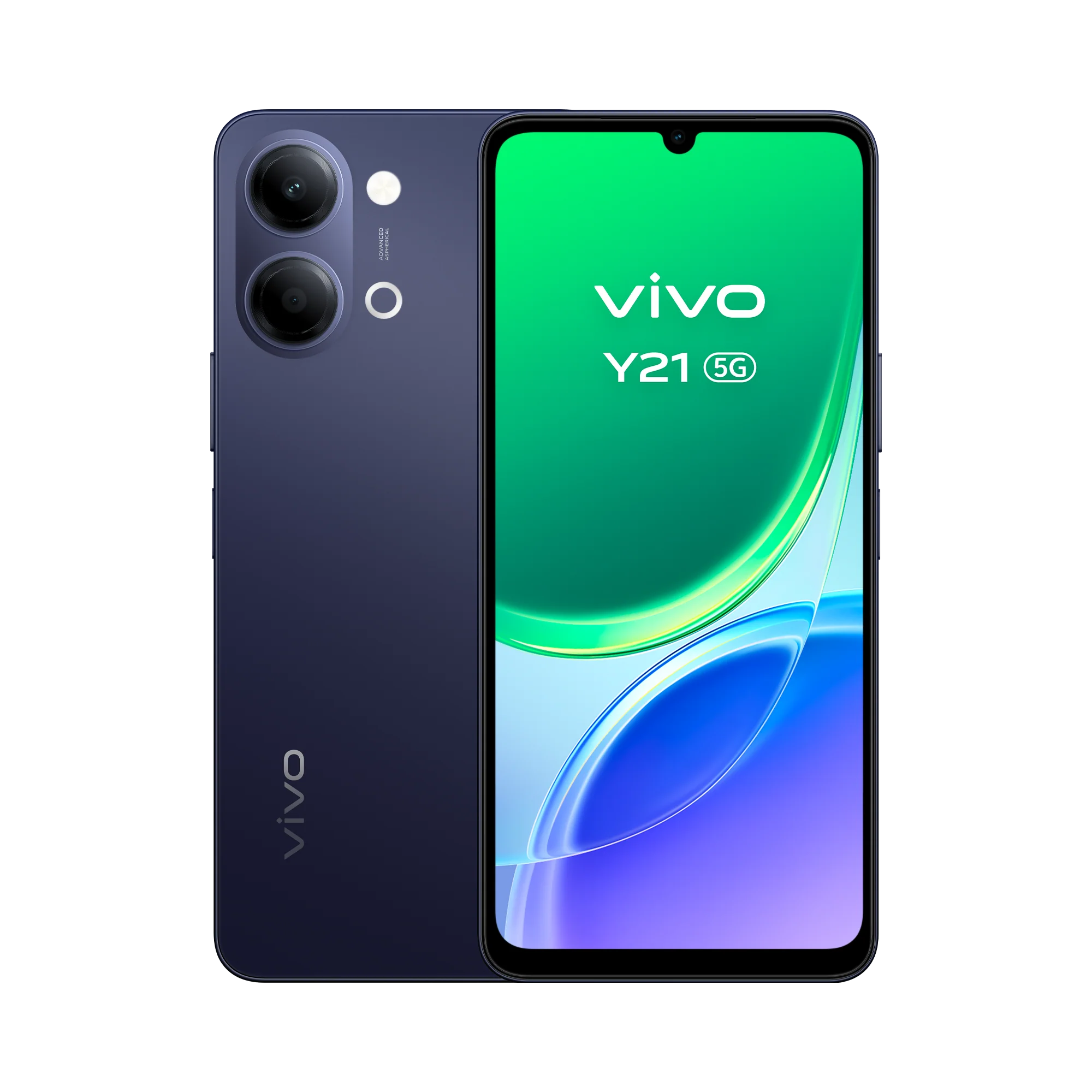 Vista frontal y trasera del smartphone azul Vivo Y21 5G con cámara dual y pantalla verde-azul sobre fondo negro.