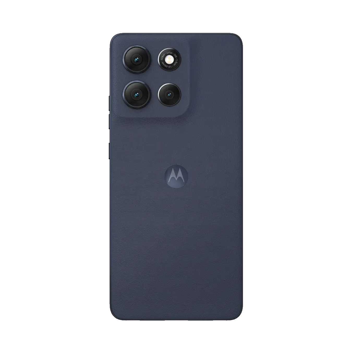 Parte trasera de un smartphone azul oscuro con un módulo de cámara elevado de tres lentes, flash y logotipo.
